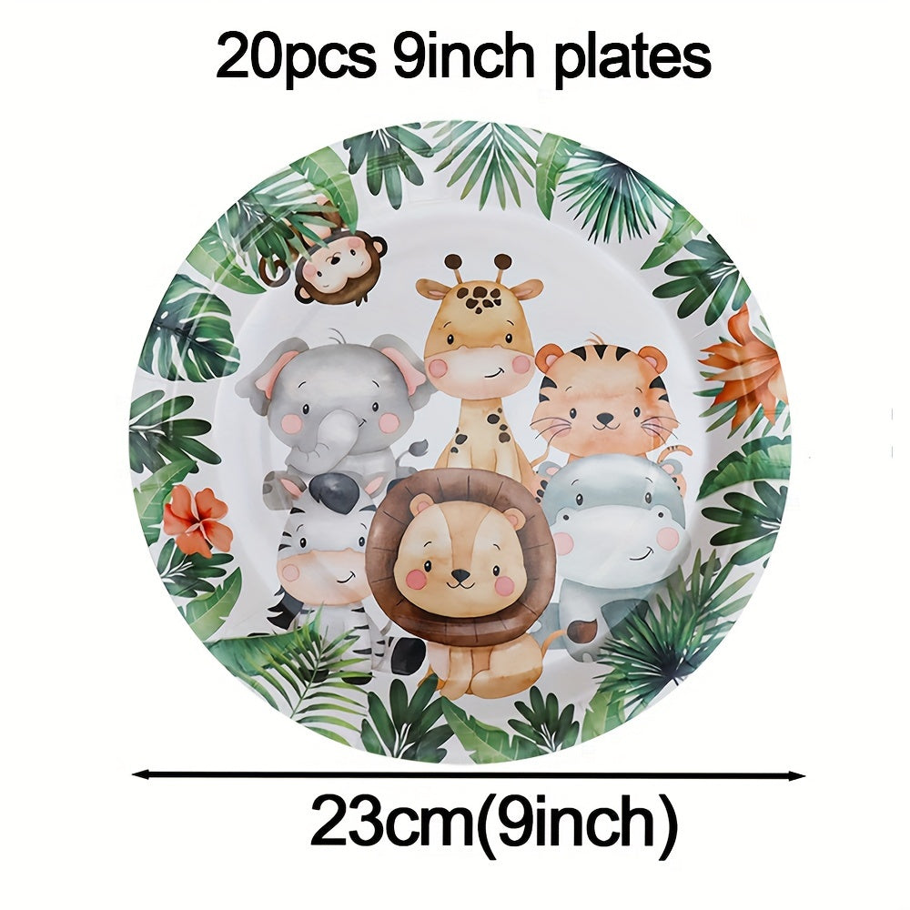 Juego de vajilla con tema de animales de la jungla, 106 piezas: platos, tazas, pañuelos, pajitas y mantel