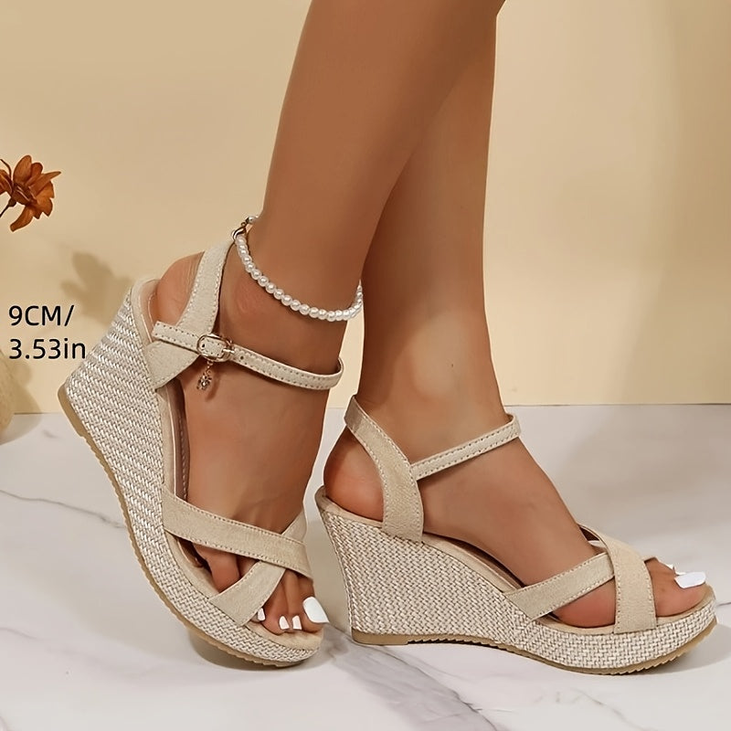 Women's Glittery Beige Open Toe Wedge Sandals with Ankle Straps