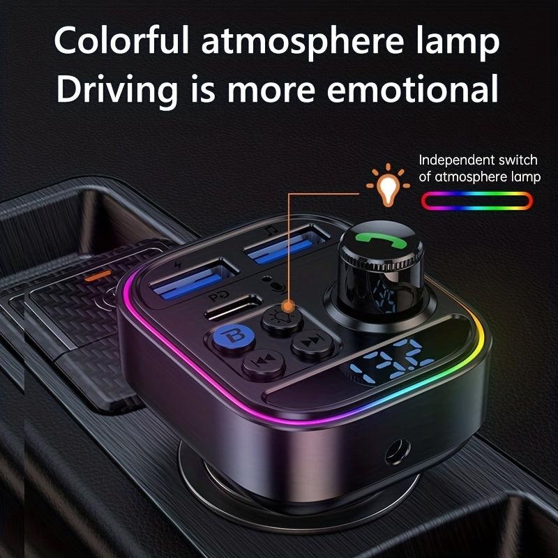 Car FM Transmitter Wireless Charger with Bluetooth Handsfree and Ambient Lights