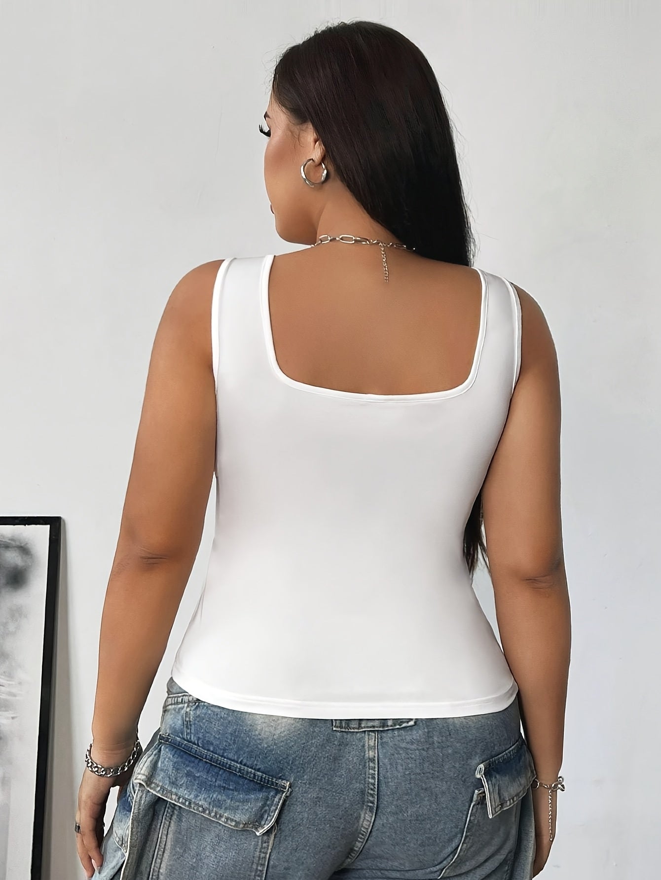 Plus Size Women's Sleeveless Square Neck Tank Top Polyester Knit Solid Color Summer