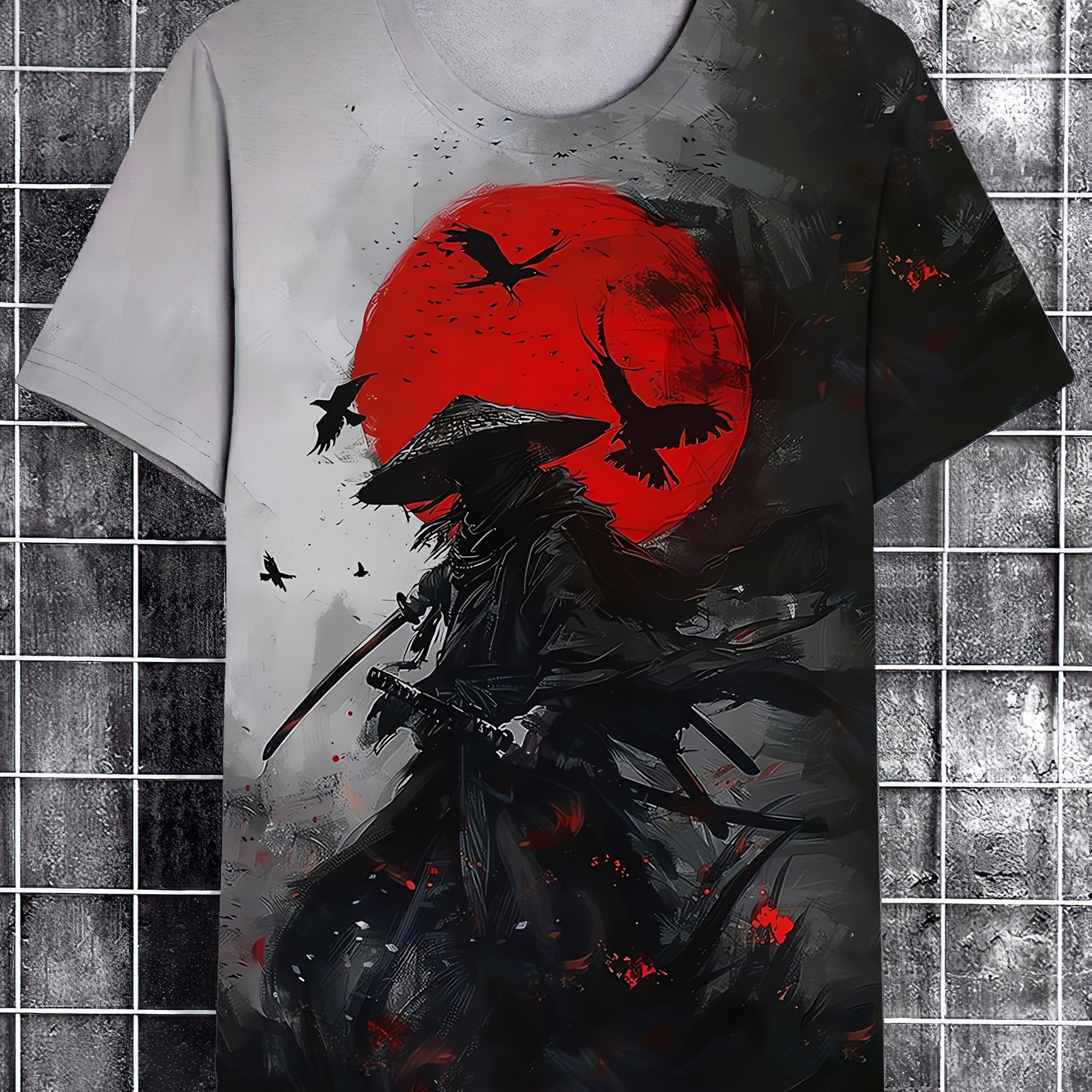 Camiseta de verano para hombre con patrón de pintura de tinta samurái de manga corta, casual, de punto, poliéster