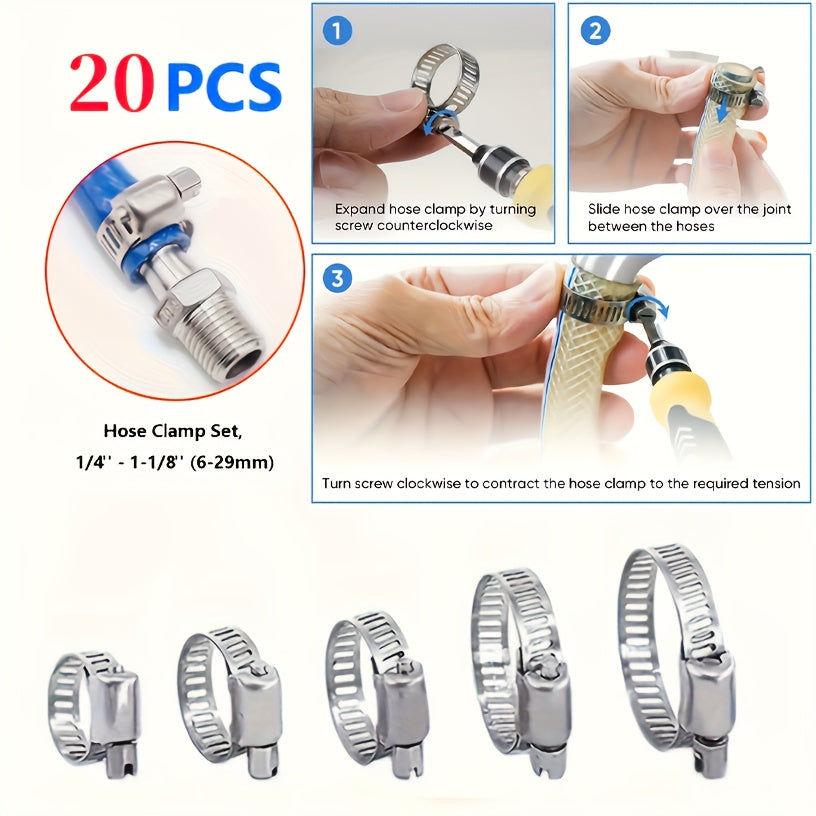 20 Pcs Stainless Steel Hose Clamps Set Adjustable 1/4-1-1/8 Inch for Pipe and Fuel Line