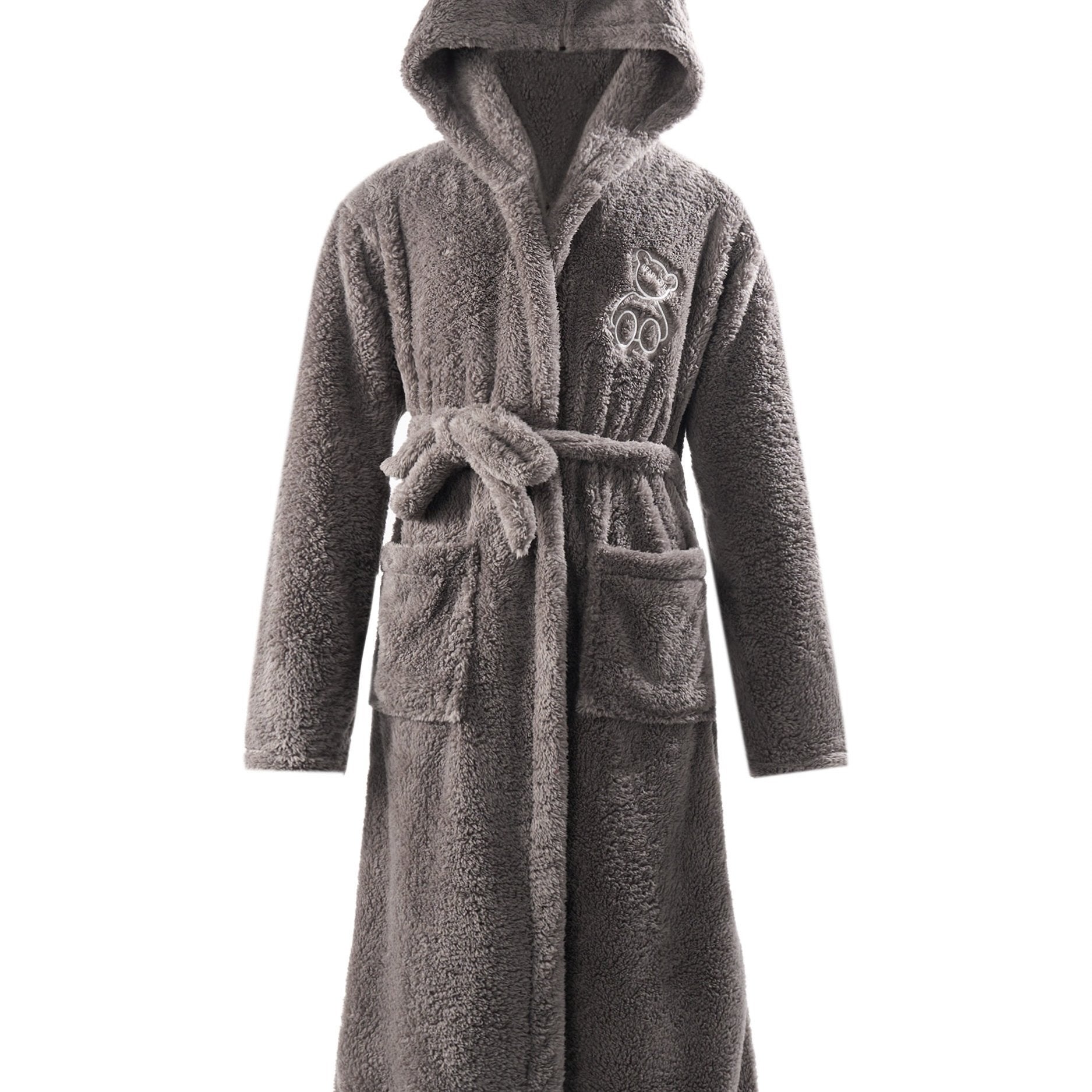 Men's Coral Fleece Hooded Robe Thick Warm Winter Pajamas with Front Tie Geometric Pattern