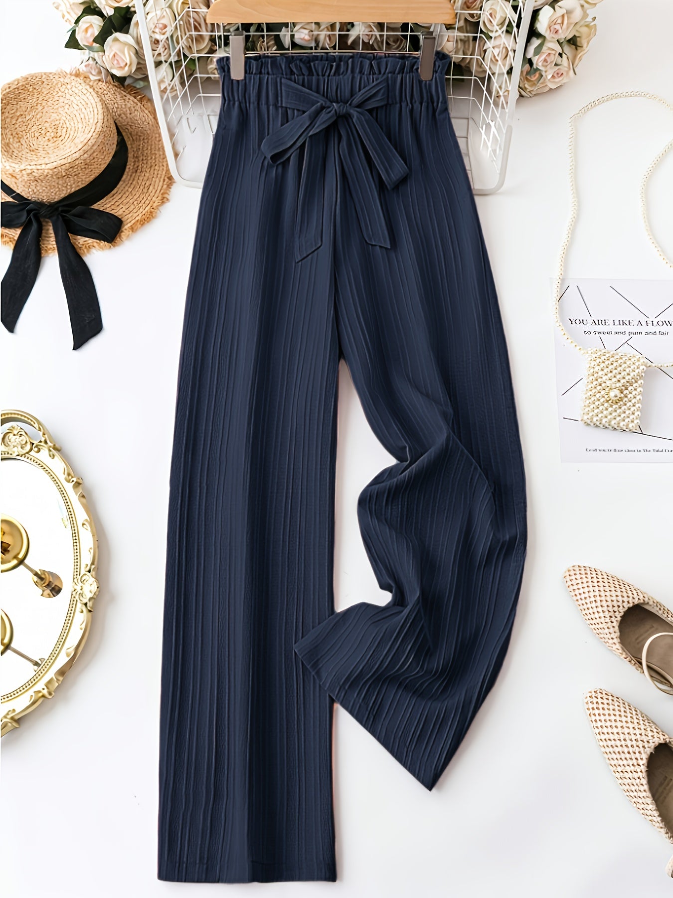 Plus Size Women's Navy Blue Straight Pants Casual Trousers with Tie Waist