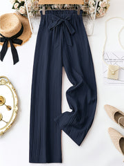 Plus Size Women's Navy Blue Straight Pants Casual Trousers with Tie Waist