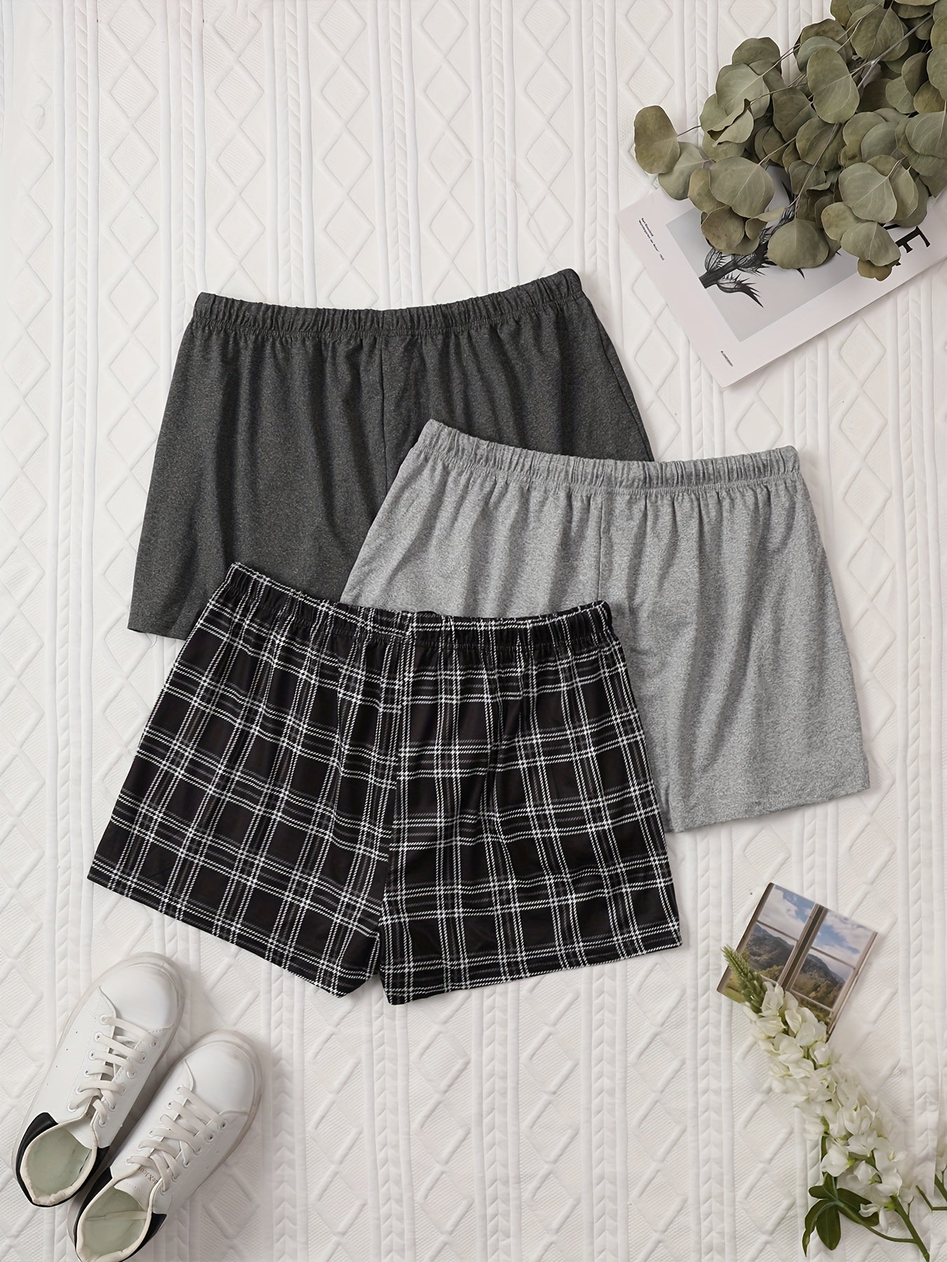 Women's Plus Size Lounge Shorts Solid and Plaid Drawstring Elastic Waist