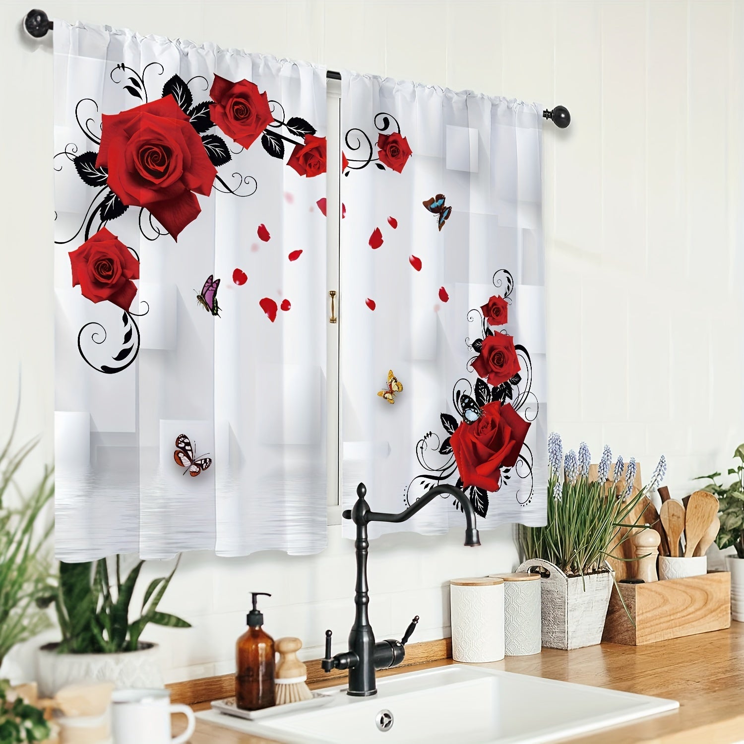 Set of Two 3D Space Retro Abstract Rose Flower Curtains with Rod Pocket Valentine's Day Print for Living Room Bedroom Kitchen Office