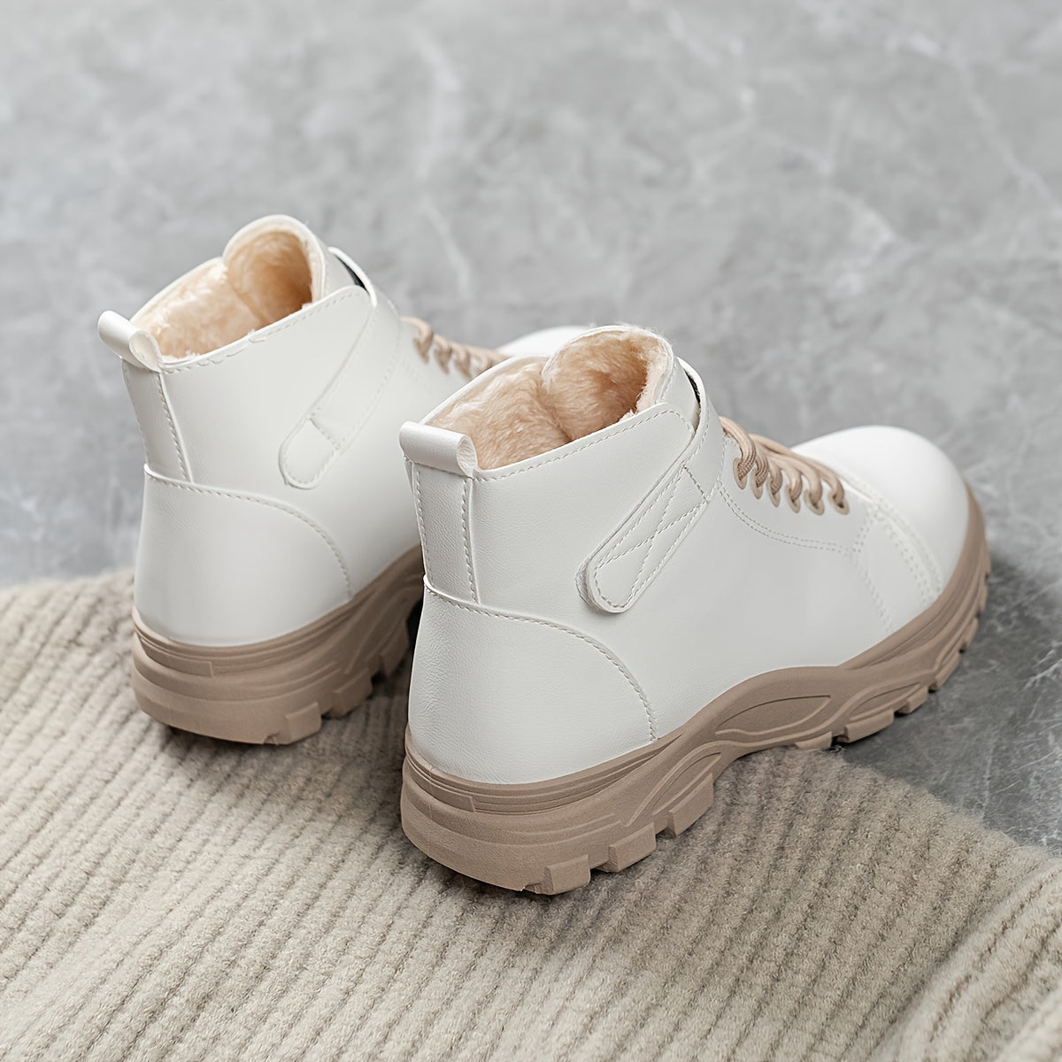 Women's Plush-Lined Winter Ankle Boots with Rubber Sole and Adjustable Straps