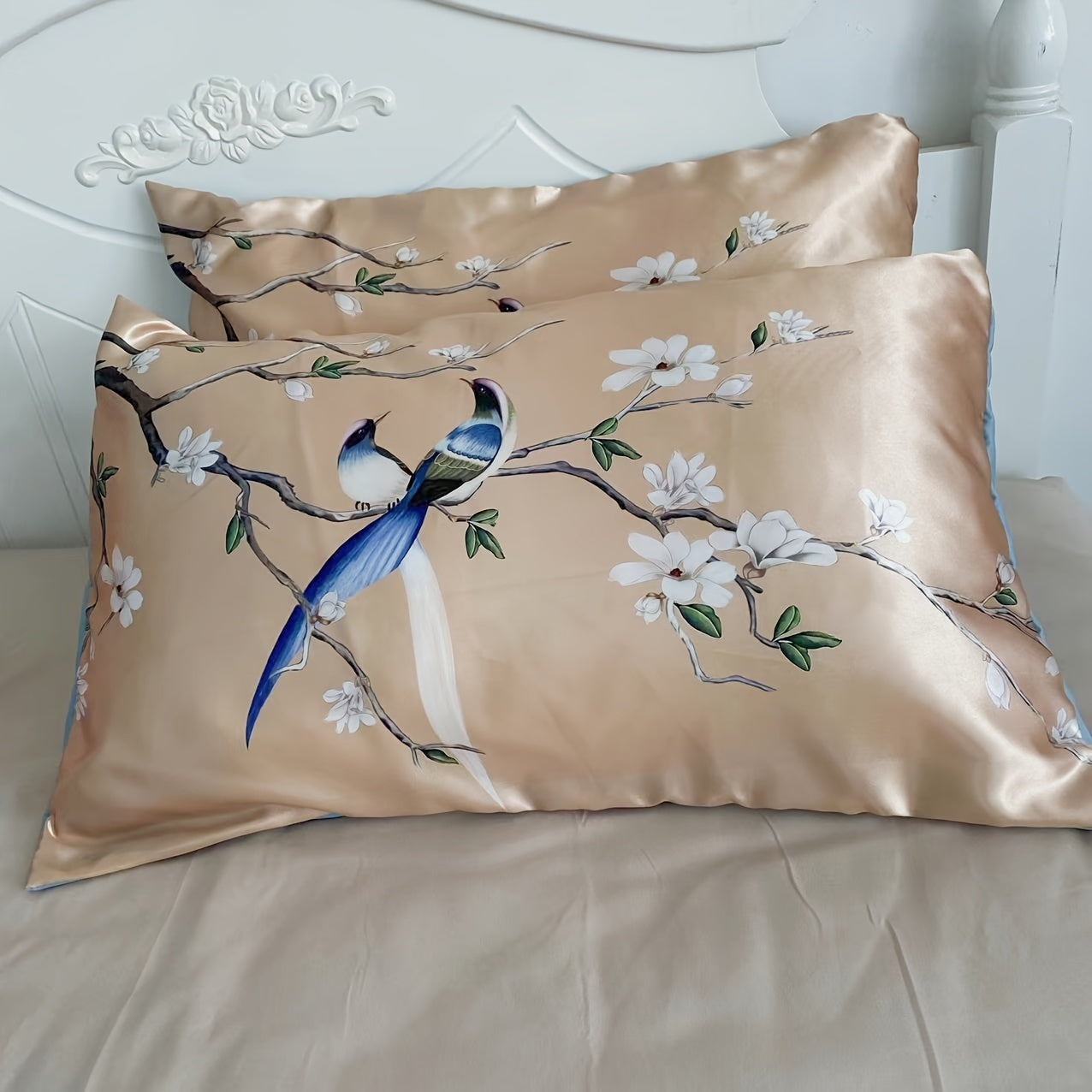 Set of 2 Satin Pillowcases with Floral Bird Patterns Reversible Envelope Closure
