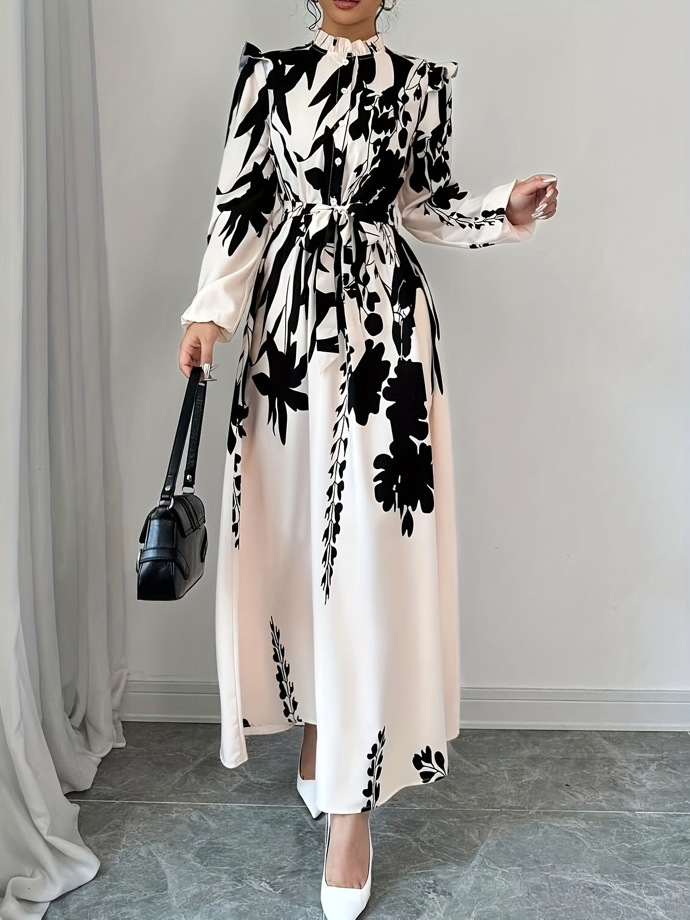 Women's Floral Print Long Sleeve A-Line Dress with Stand Collar and Lace-Up Detail