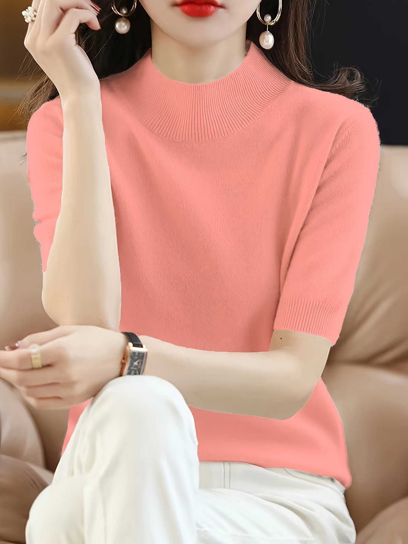 Suéter de punto para mujer con cuello alto de canalé, color sólido, para todas las estaciones