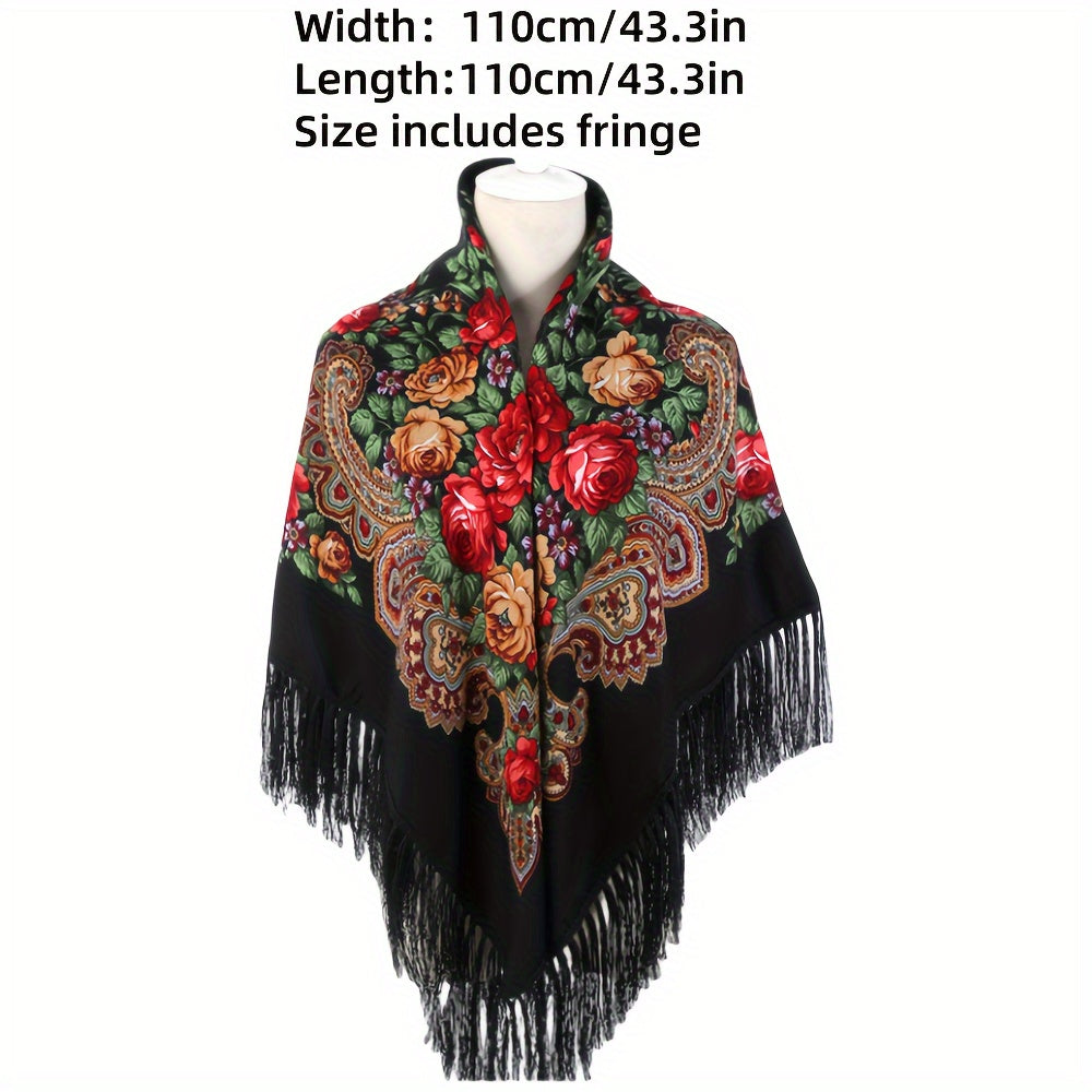 Women's Retro Polyester Shawl with Vintage Floral Print for Autumn Winter