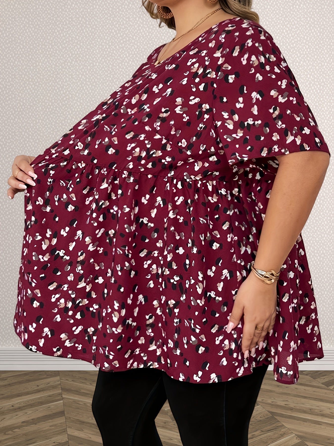 Women's Plus Size Floral Print Blouse Crew Neck Short Sleeve Casual Top