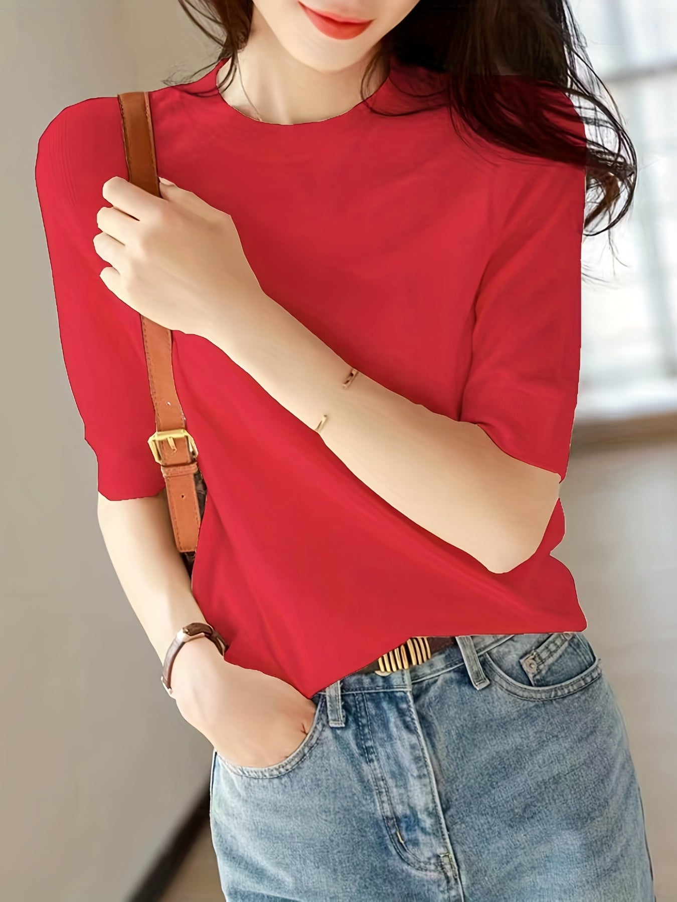 Women's Knit Sweater Crew Neck Solid Short Sleeve Spring Summer Casual
