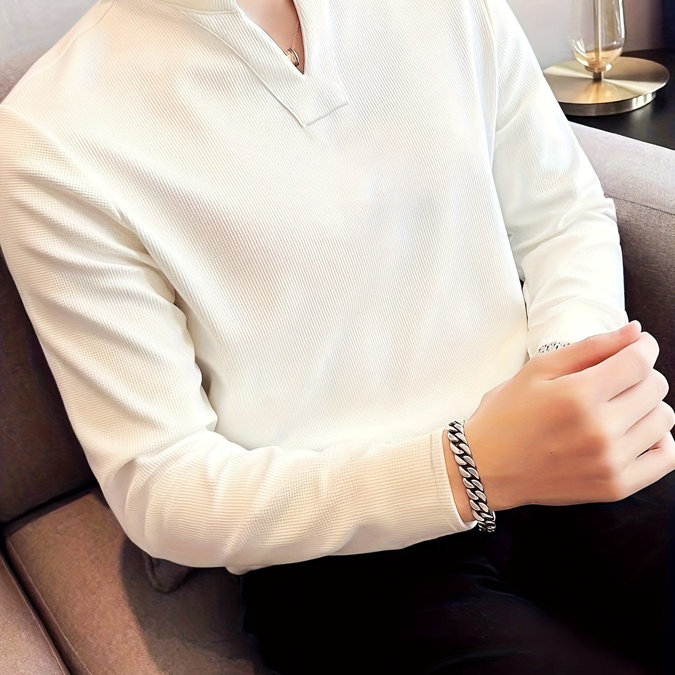 Camiseta de manga larga con cuello en V para hombre, mezcla de poliéster, color sólido, transpirable, casual, primavera y otoño