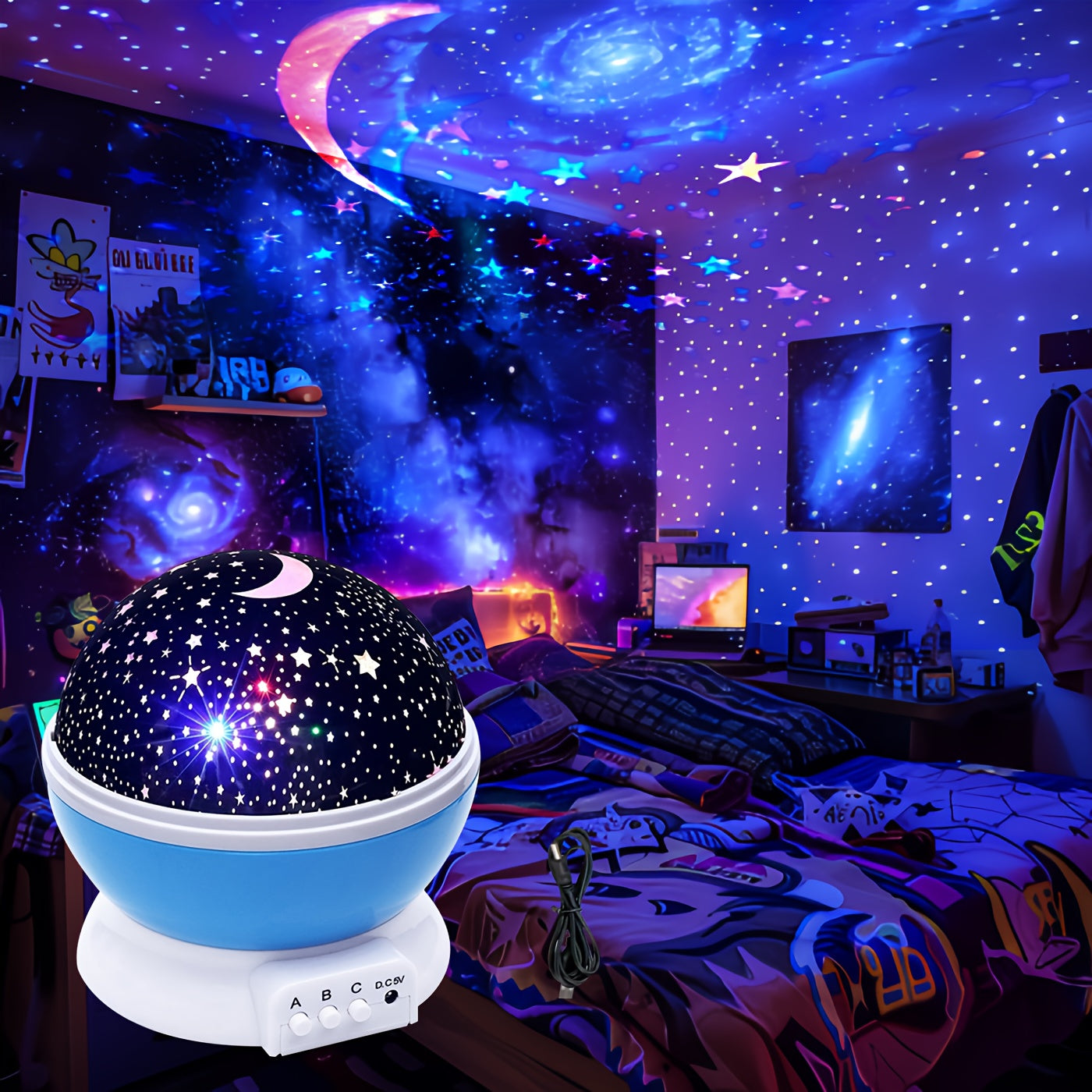 Starry Night Sky Projector Lamp with 360° Rotation and 12 Color Modes for Bedroom and Party Decor