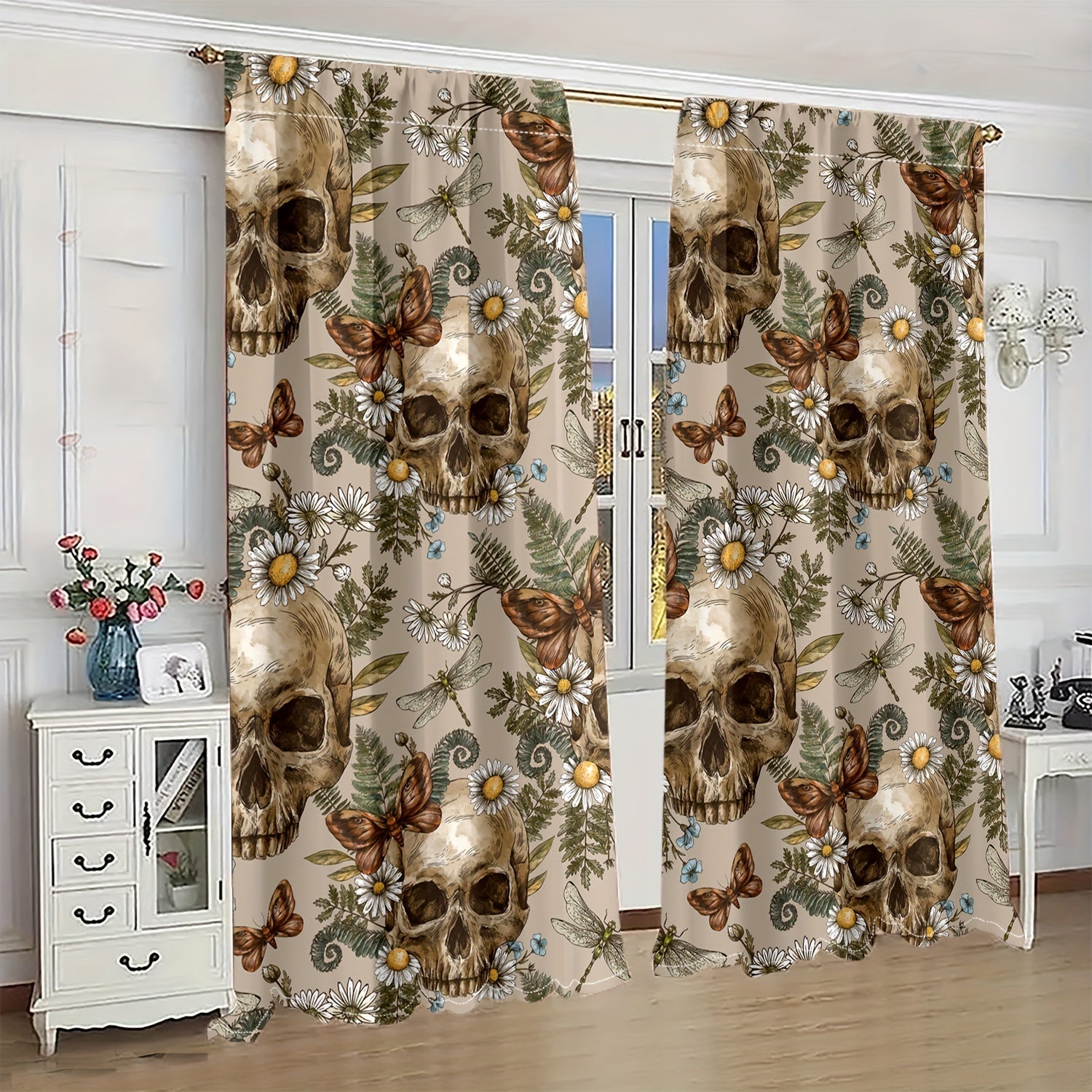 Semi-Transparent Halloween Skull and Butterfly Chrysanthemum Curtains Set of 2 Privacy Drapes for Living Room Bedroom