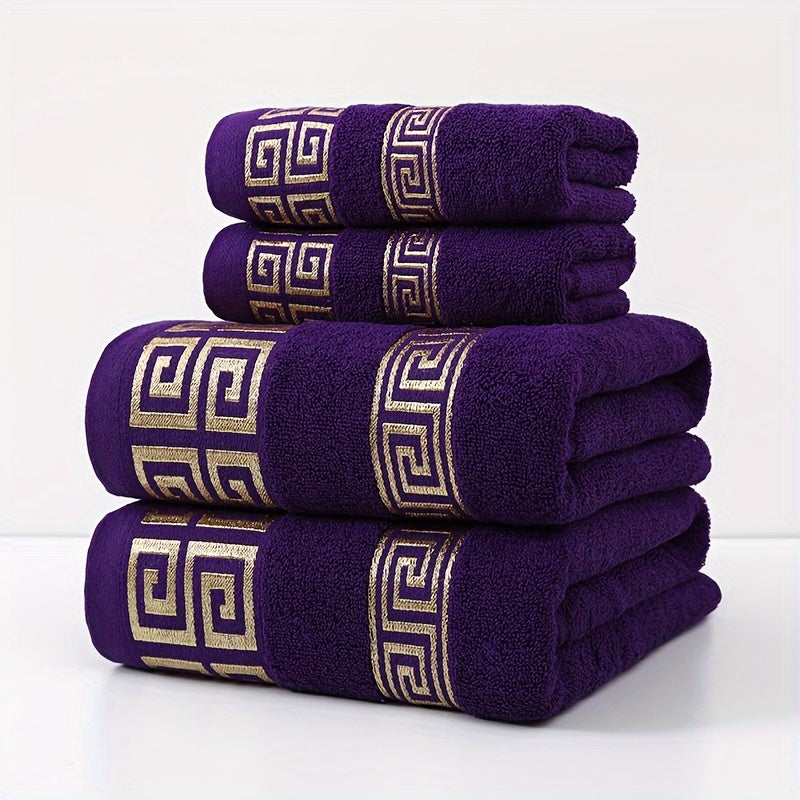 Luxury Cotton Bath Towel Set 4 Pieces Geometric Embroidery 400GSM Soft Absorbent
