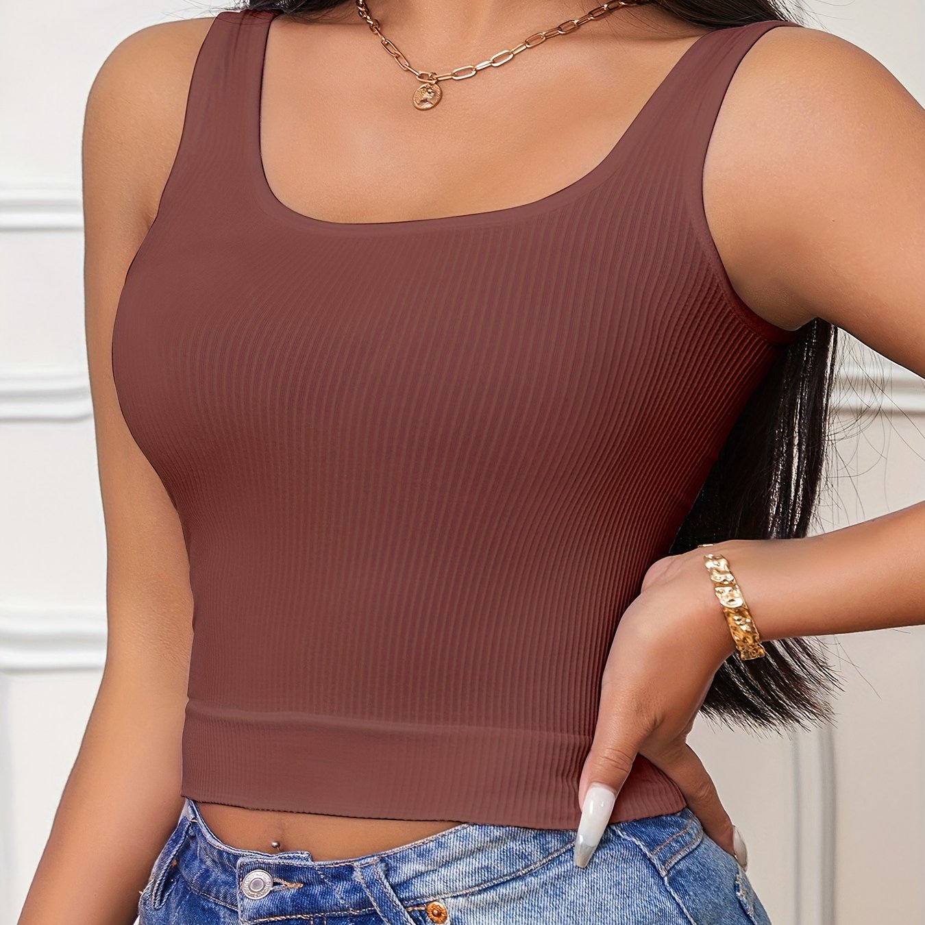 Women's Ribbed Tank Top with High Elasticity Solid Color Slim Fit Sleeveless Vest