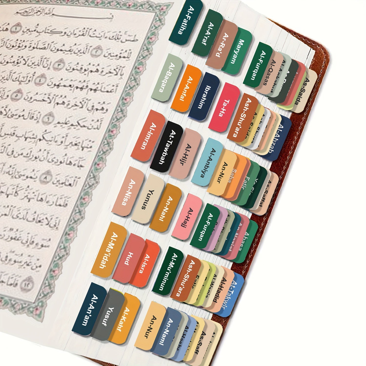 Self-Adhesive Quran Index Tabs Set of 8 Sheets with 114 Chapters and Blank Tabs