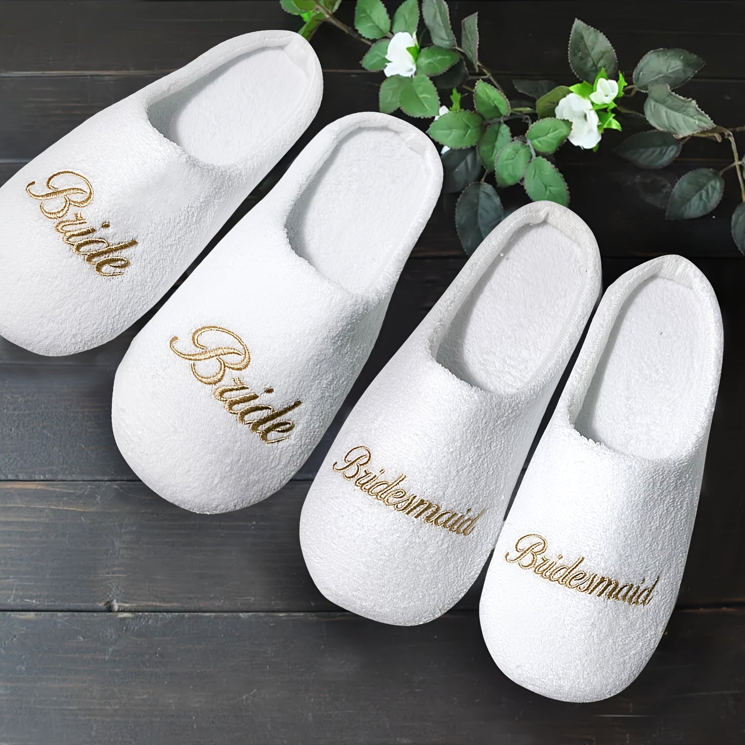 Women's White Fuzzy Plush Slippers with Embroidered Bride and Gold Letters