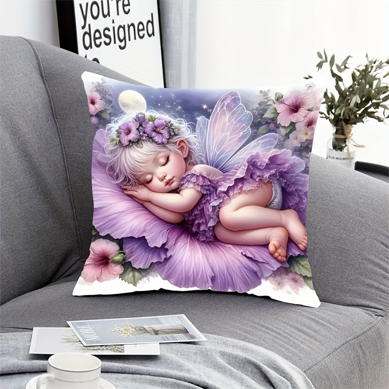 Angel Girl Plush Pillowcase Fairy Tale Design Sleeping Fairy Floral Starry Night Soft Bedroom Decor