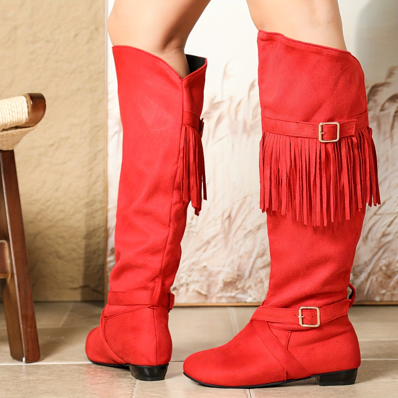 Women's Black Faux Fur Western Boots with Fringe Low Block Heel