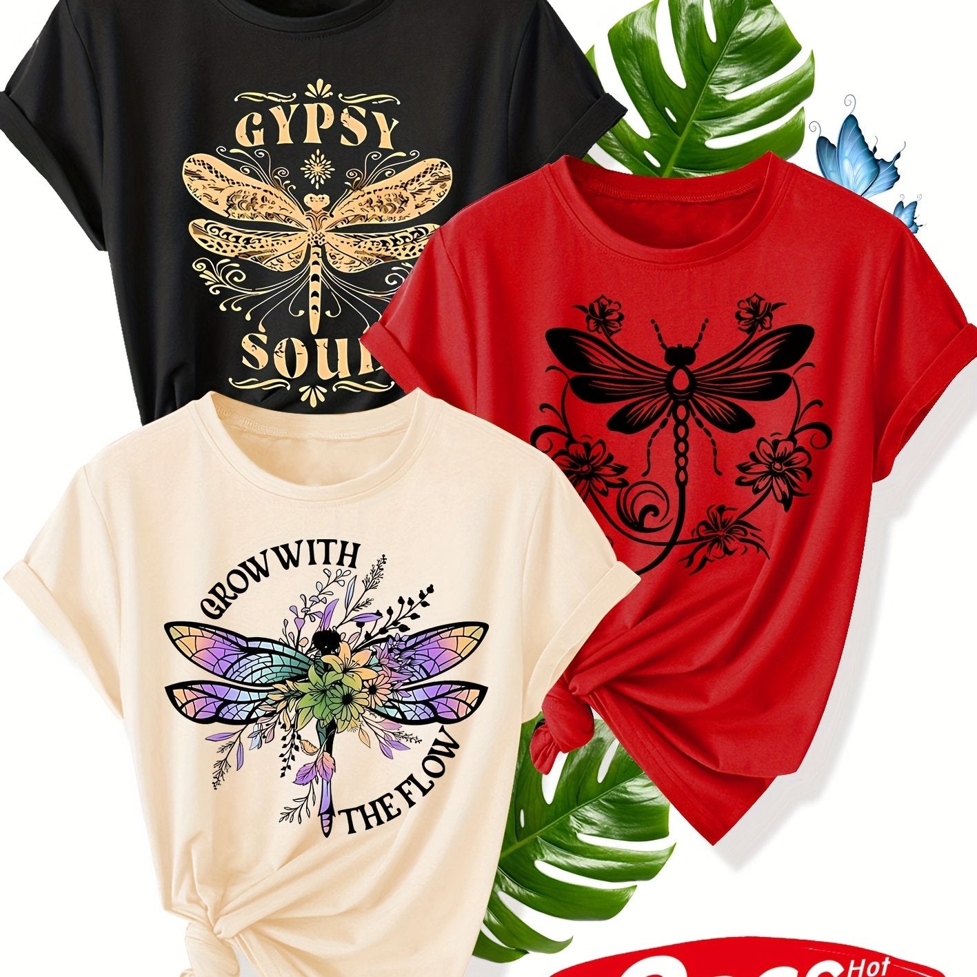 Women's Summer Casual T-Shirt With Flower Dragonfly Print Short Sleeve Multiple Colors
