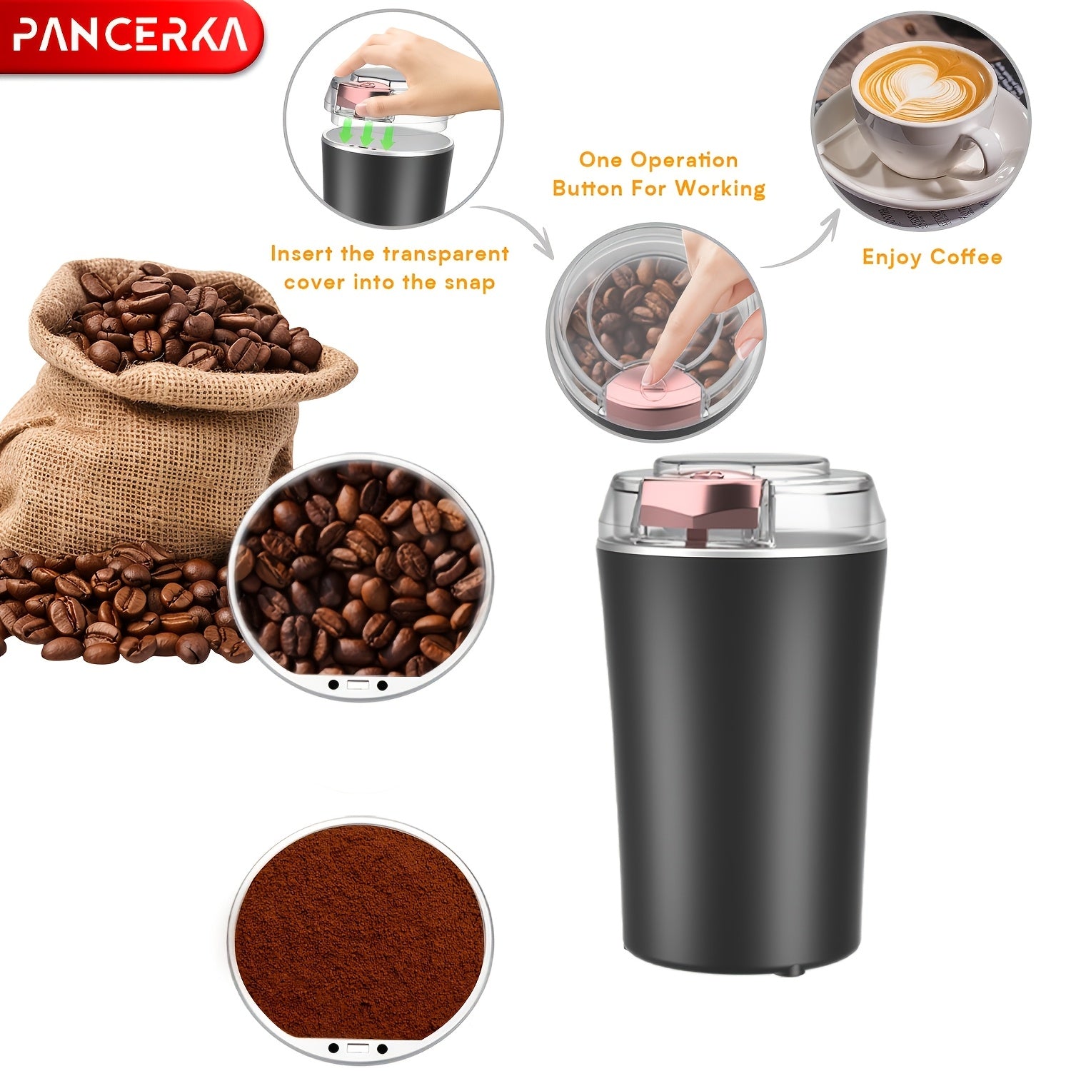 Electric Coffee Grinder Stainless Steel Blades Large Capacity Compact Black