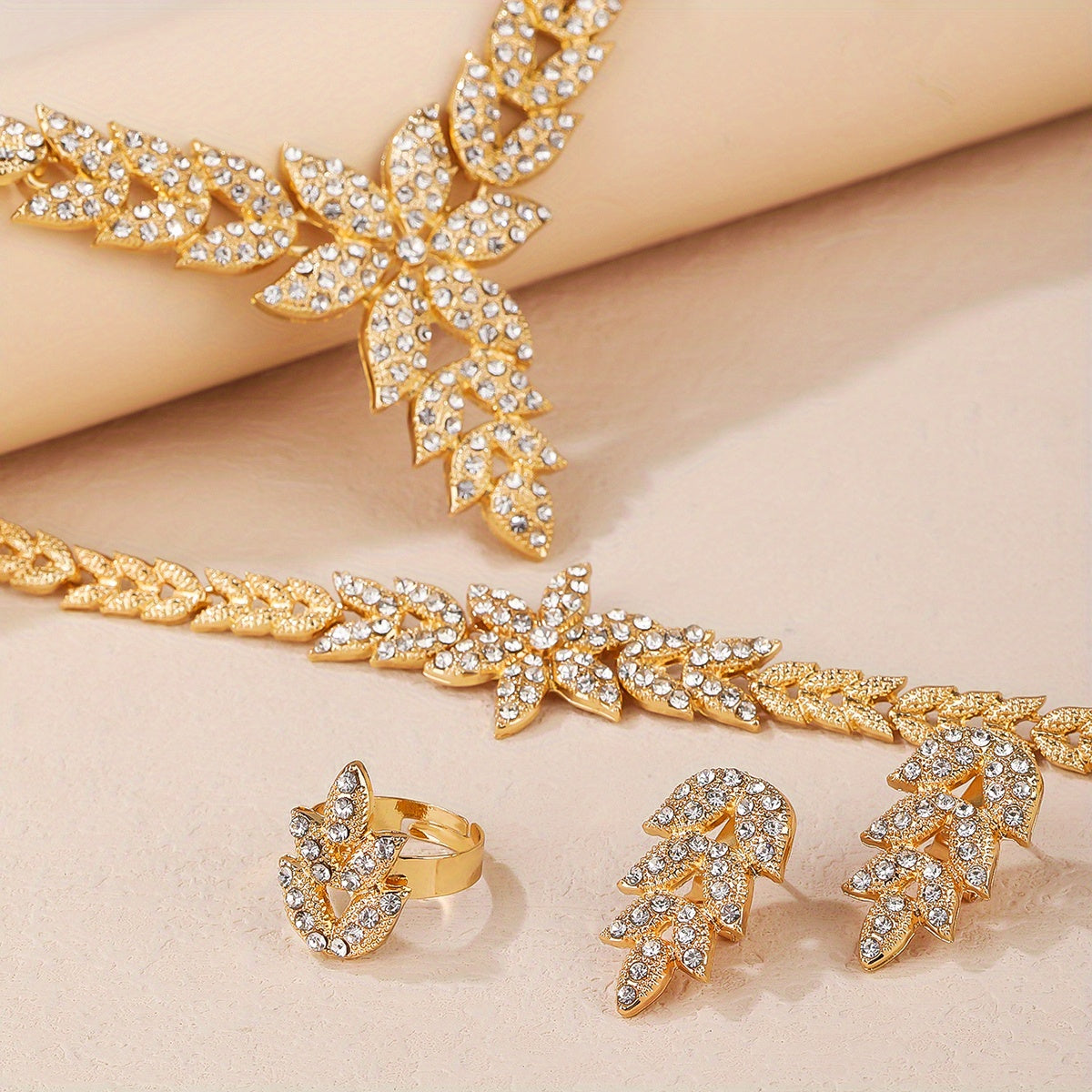 Wedding Jewelry Set for Women Gold Leaf Rhinestone Necklace Ring Earrings Bracelet Gift