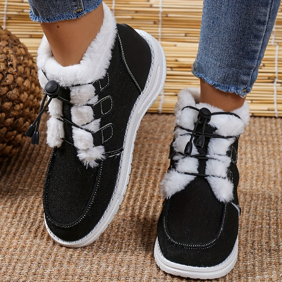 Women's Winter Slip-On Shoes Faux Fur Lined Beige Fabric Black Drawstrings Round Toe TPU Sole