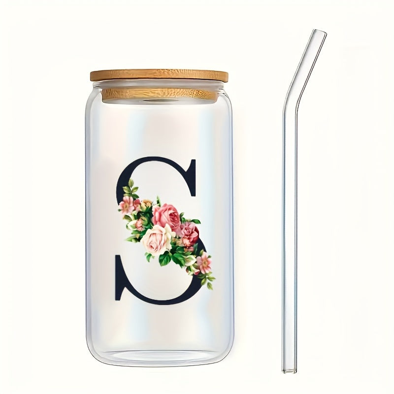 Flowers Drinking Glass with Bamboo Lid and Straw 16oz Coffee Mug for Women Girls