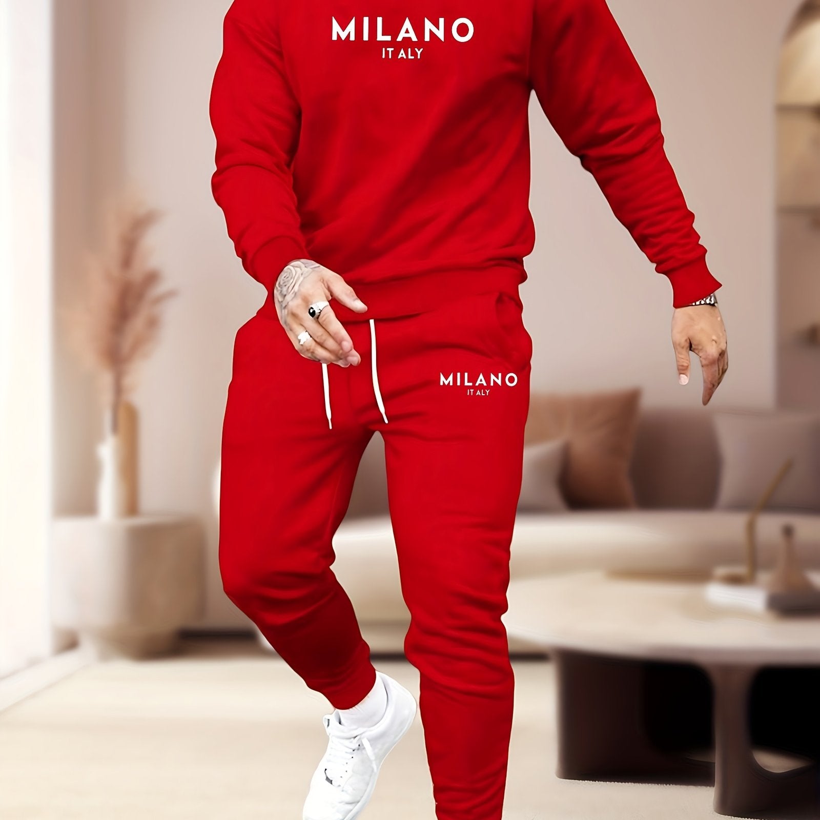 Men's Polyester Printed Hoodie and Joggers Set Fall Casual