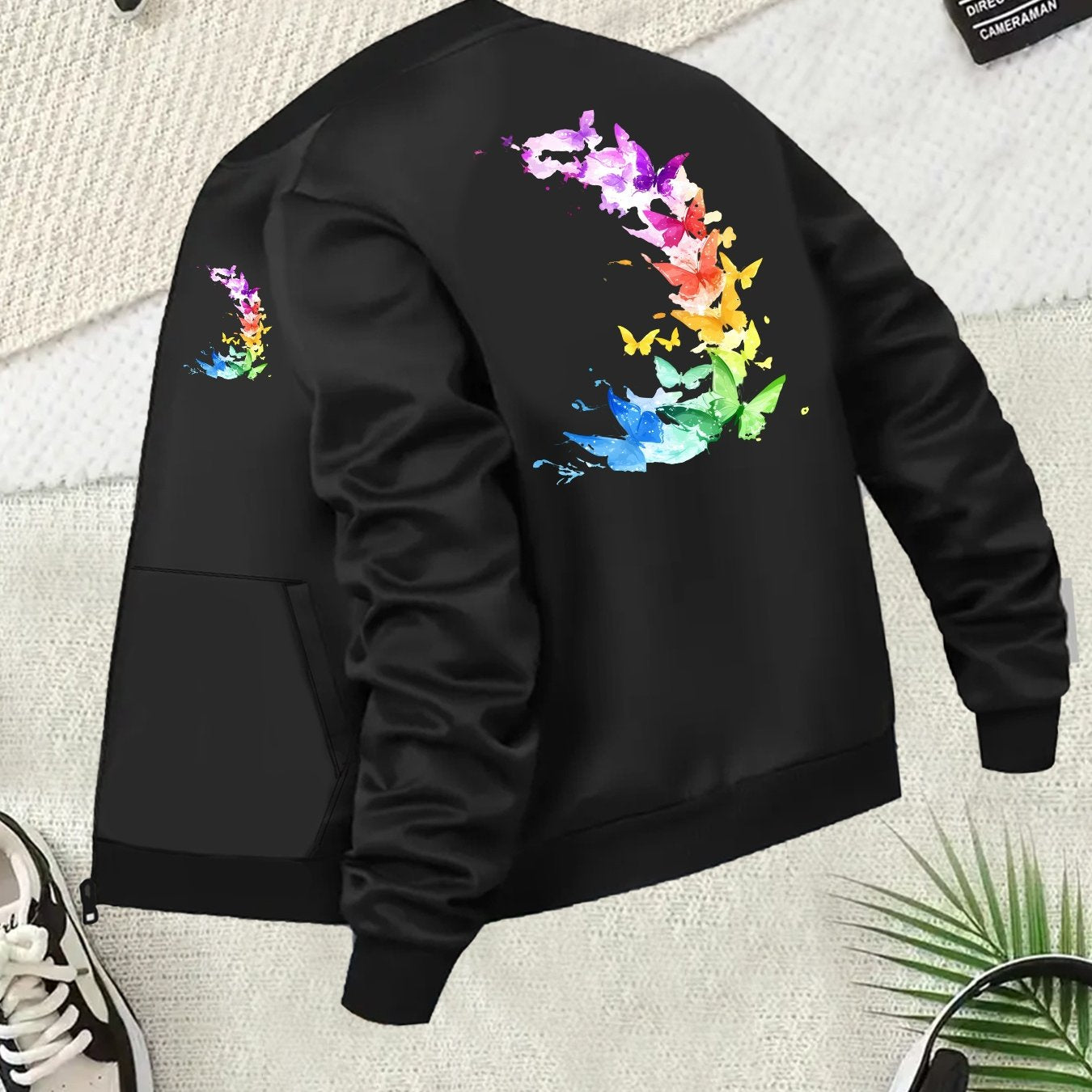 Plus Size Women's Casual Butterfly Print Baseball Collar Jacket Long Sleeve Lightweight Coat