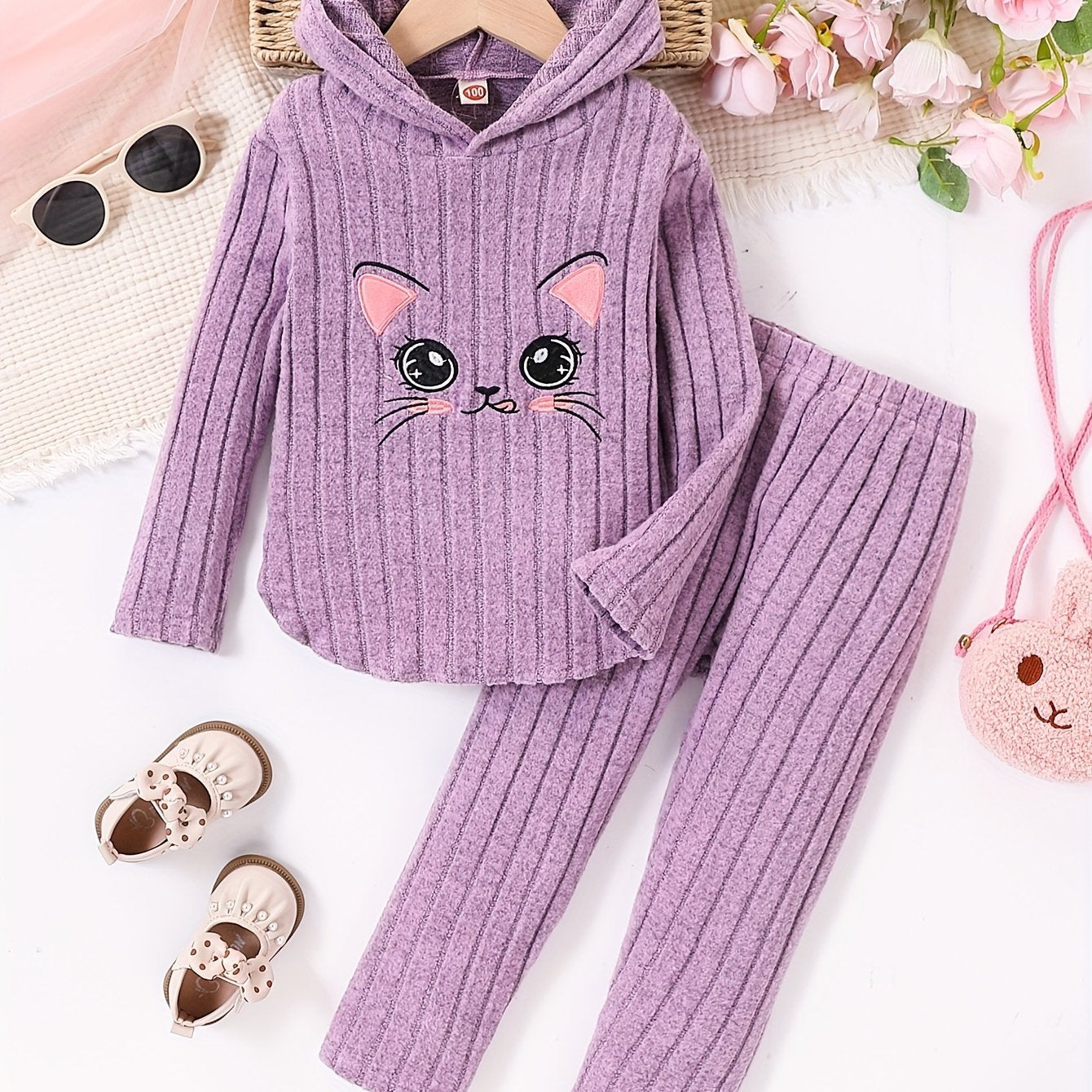 Kids' Cat Print Hooded Top and Soft Pants Set in High Stretch Polyester Knit for Kids 12 and Under