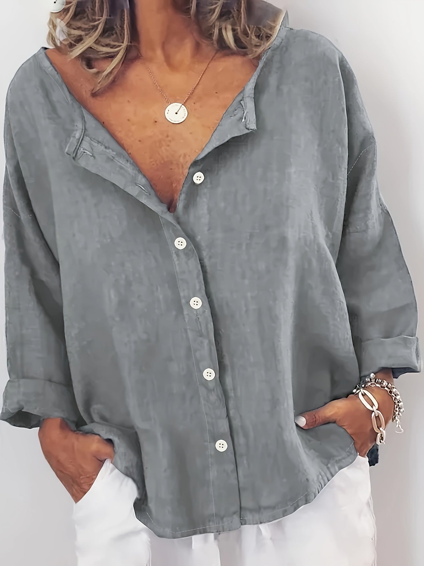 Women Plus Size Casual Loose Fit Gray Blouse Crew Neck Button-Up Ribbed Cuffs