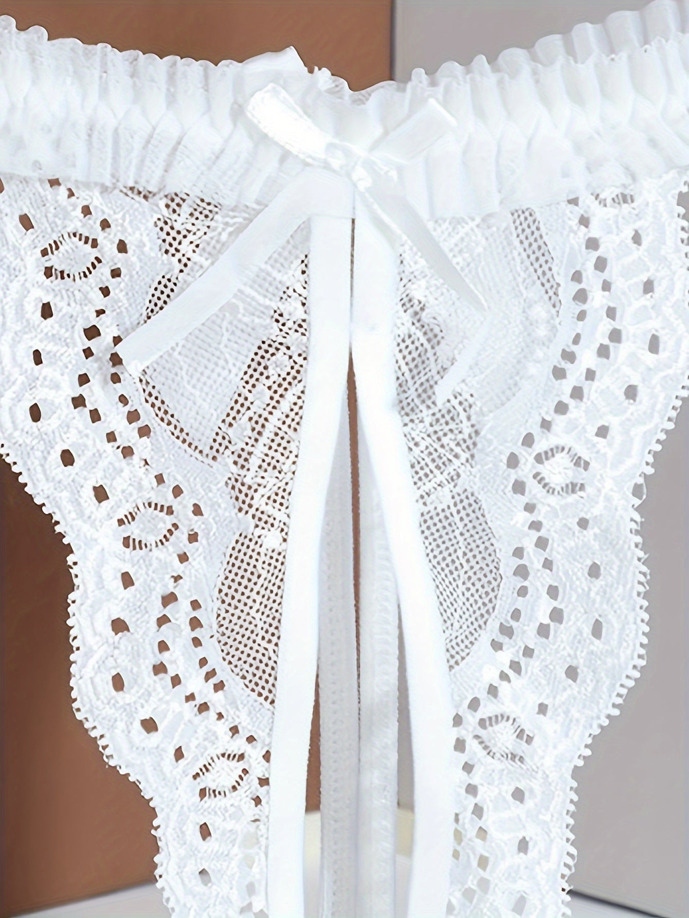 Women's Crotchless Lace Thongs with Bow Decor and Jacquard Fabric