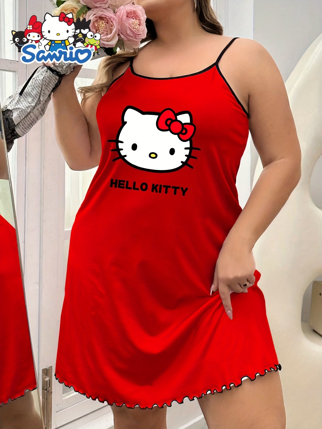 Женское красное ночное платье с мультяшным принтом, с рюшей на подоле, ночная сорочка больших размеров