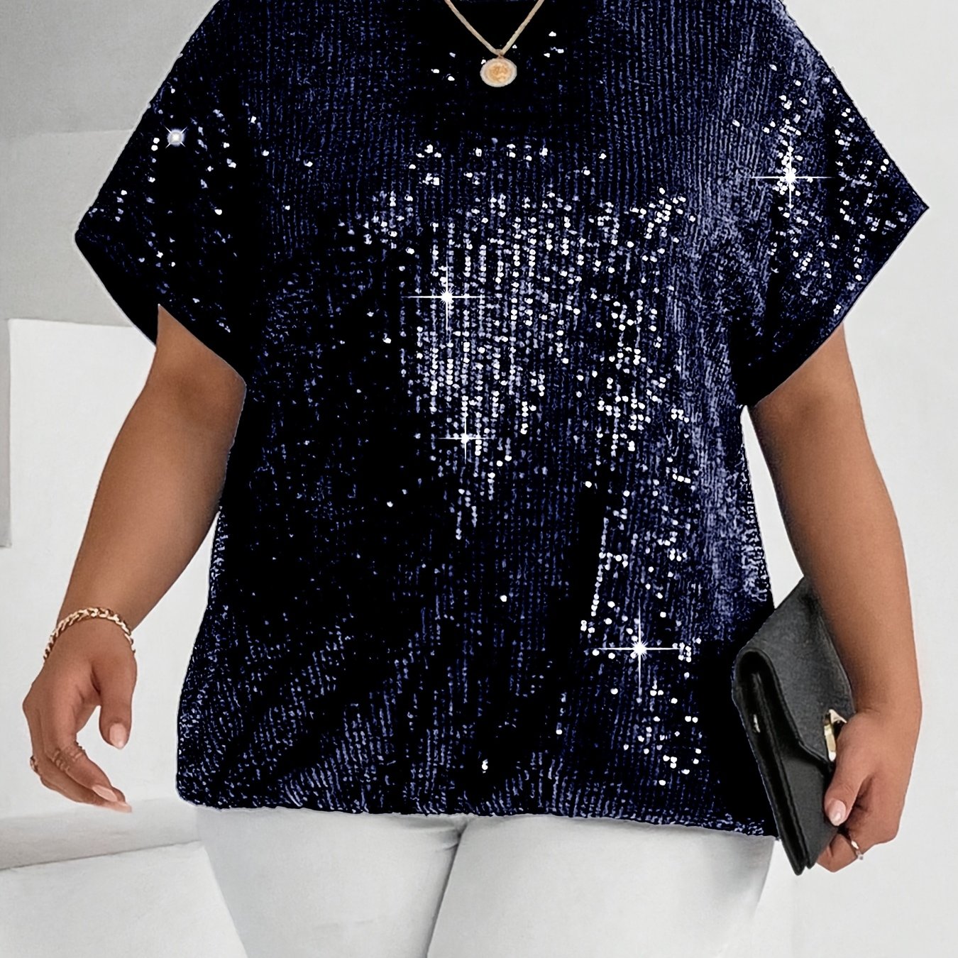 Plus Size Women's Sequin Short Sleeve T-Shirt Lightweight Silver Casual Top
