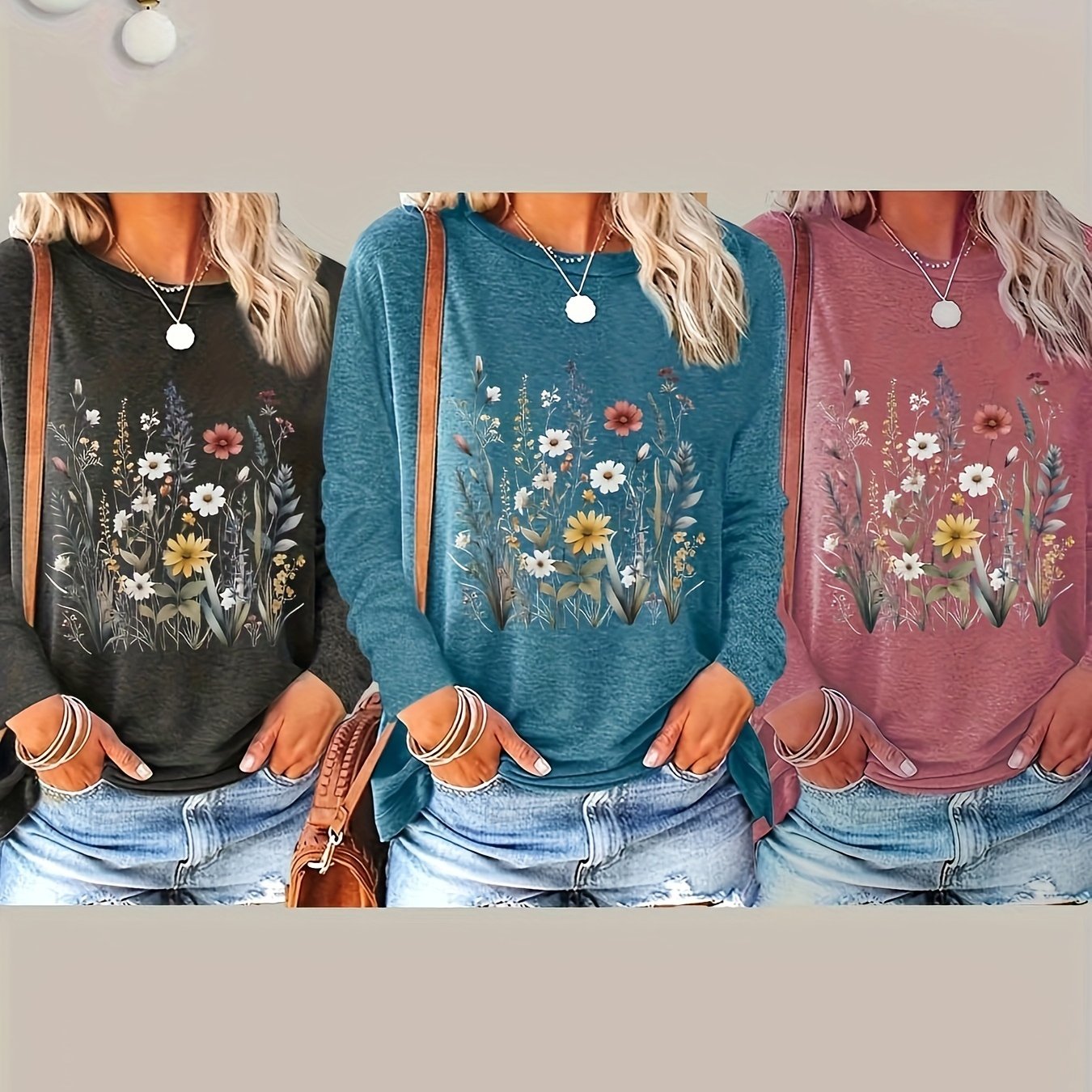 Women's Floral Print Crew Neck T-Shirts, Long Sleeve Polyester Tops