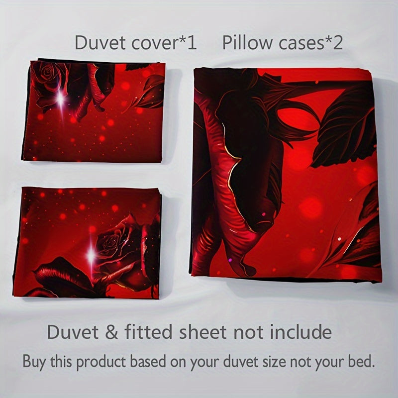 Red Rose Print Duvet Cover Set with 2 Pillowcases Breathable Polyester All Season