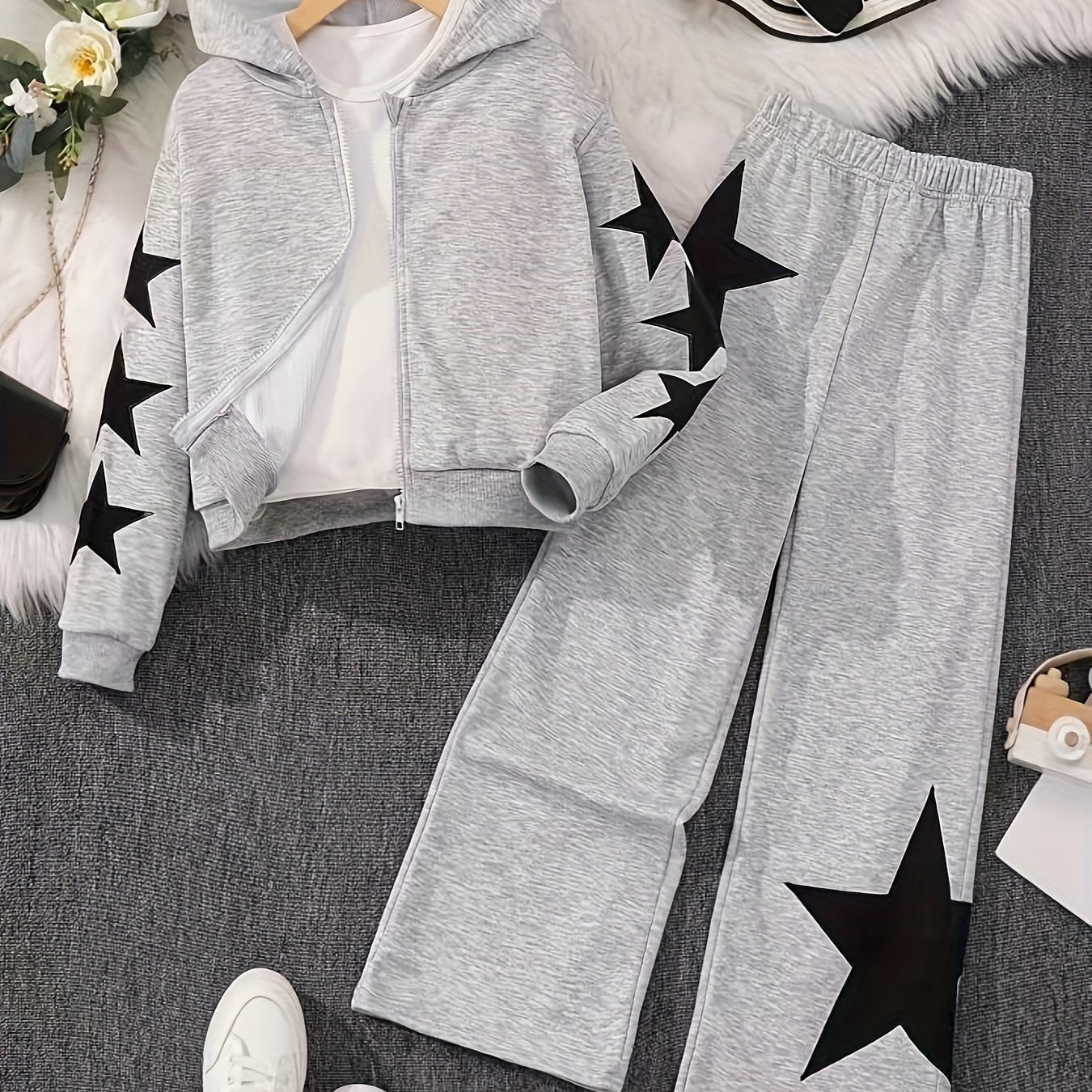 Girls Polyester Star Pattern Hoodie and Pants Set Long Sleeve Casual Fall Winter