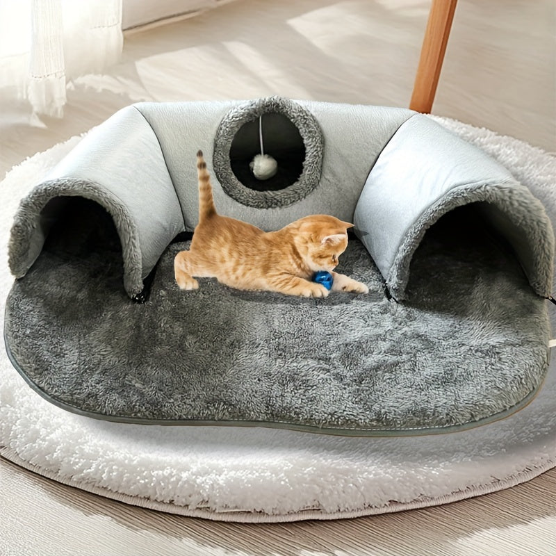 Cat Tunnel Bed with Play Mat and Warm Nest for Small to Medium Pets