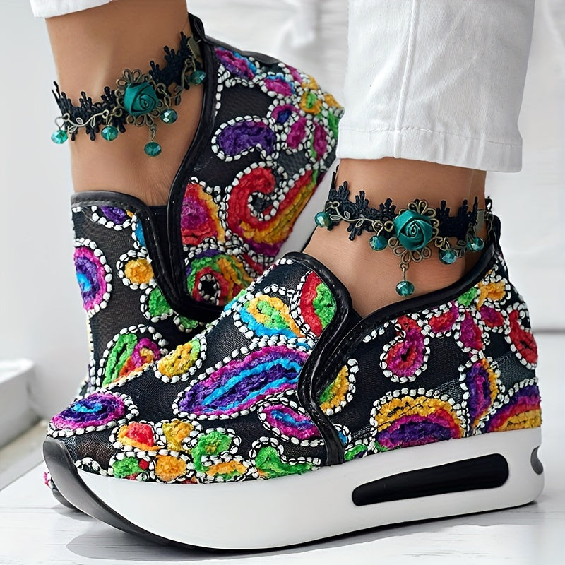 Women’s Colorful Embroidered Floral Slip-On Sneakers Breathable Fabric