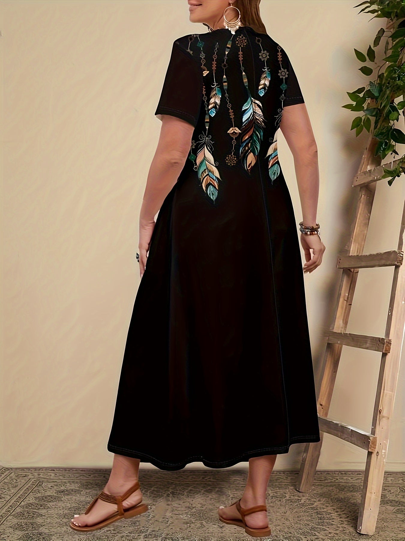 Plus Size V-Neck Tunic Dress with Elegant Print and Slight Stretch Knit Fabric