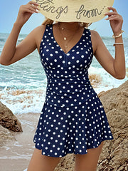 Polka Dot Skirt-Style One Piece Swimsuit with Removable Padding and Cross Straps