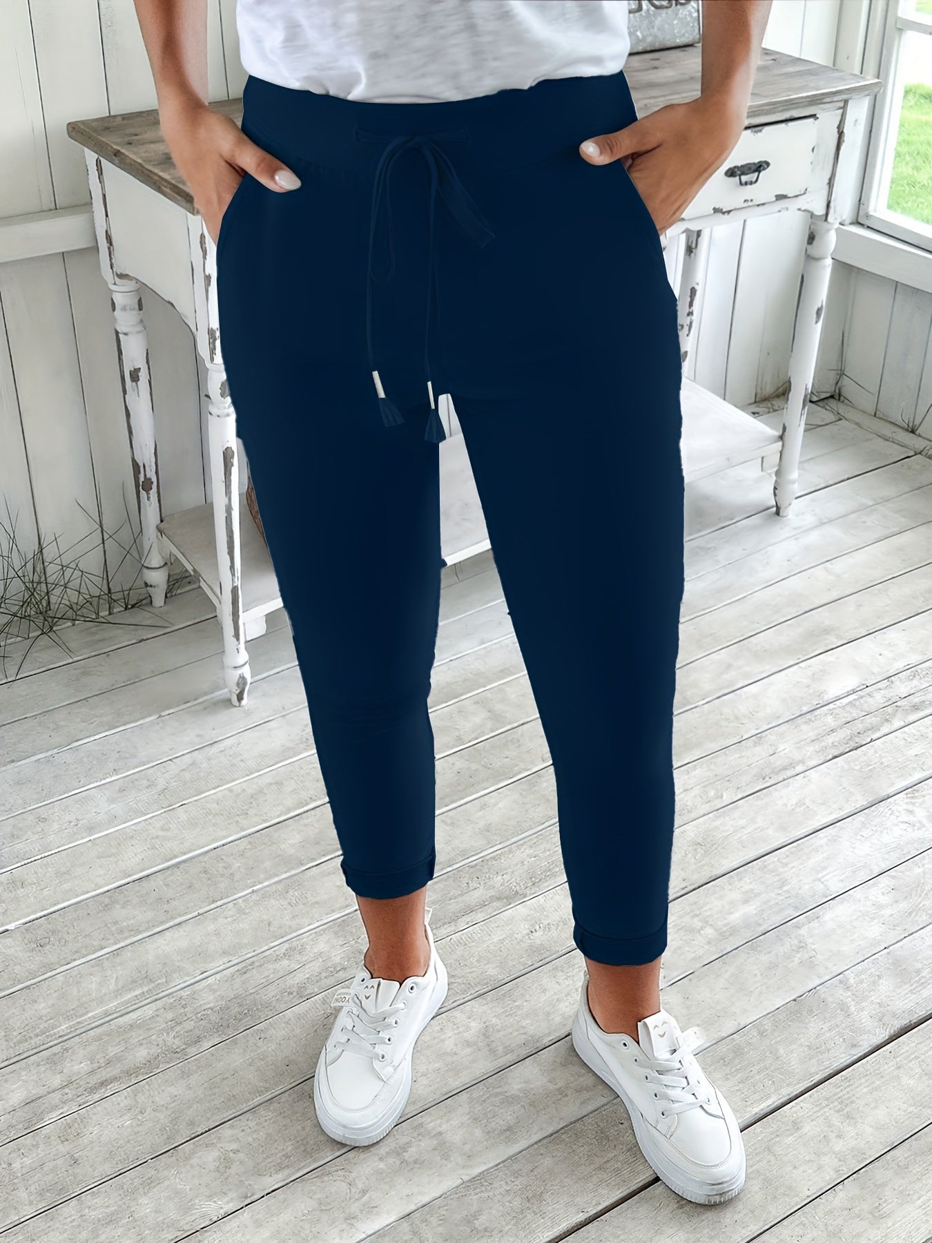 Women's Navy Blue Drawstring Jogger Pants Made of Stretchy Polyester with Pockets