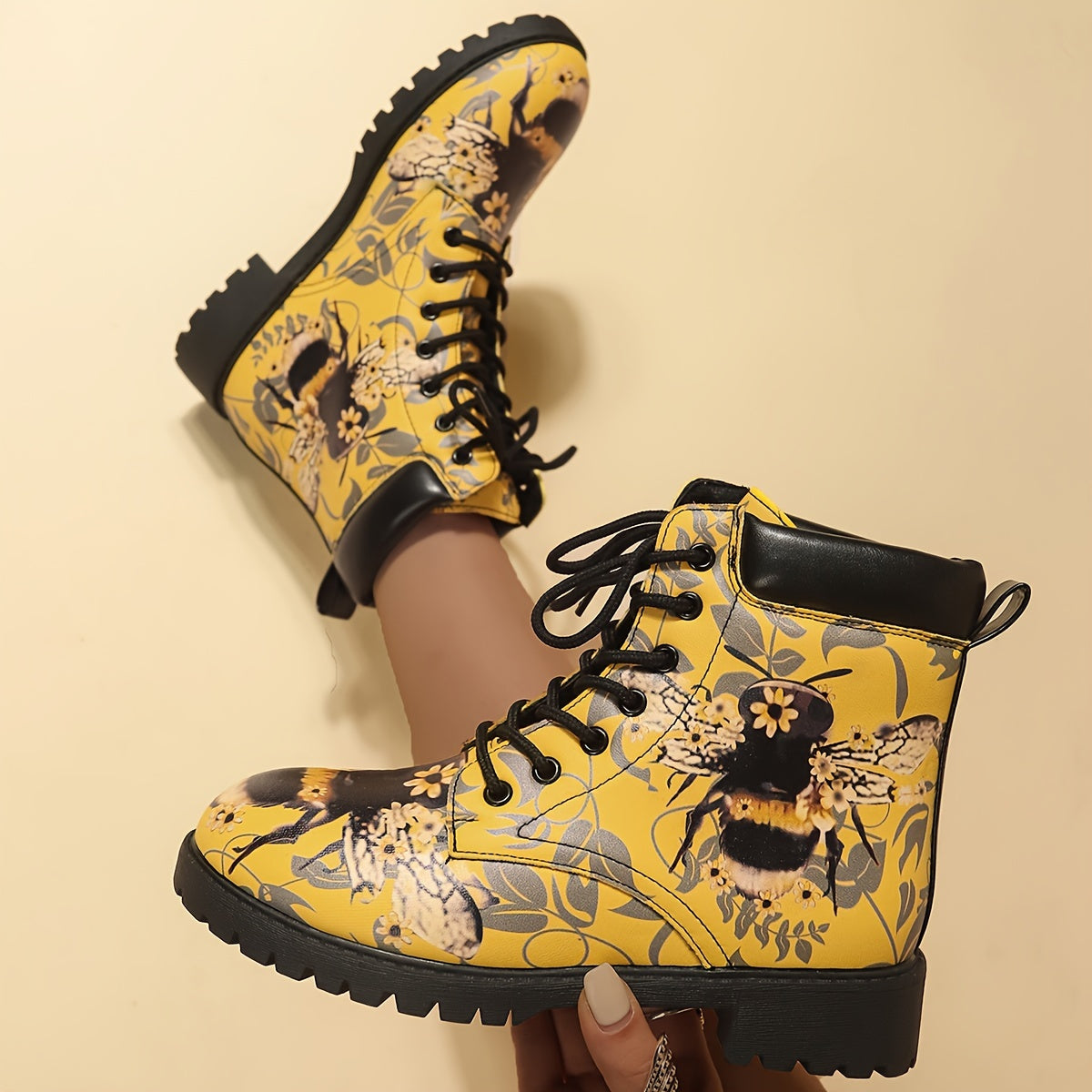 Women's Bee Print Casual Strap Heels Low Wedge Ankle Booties