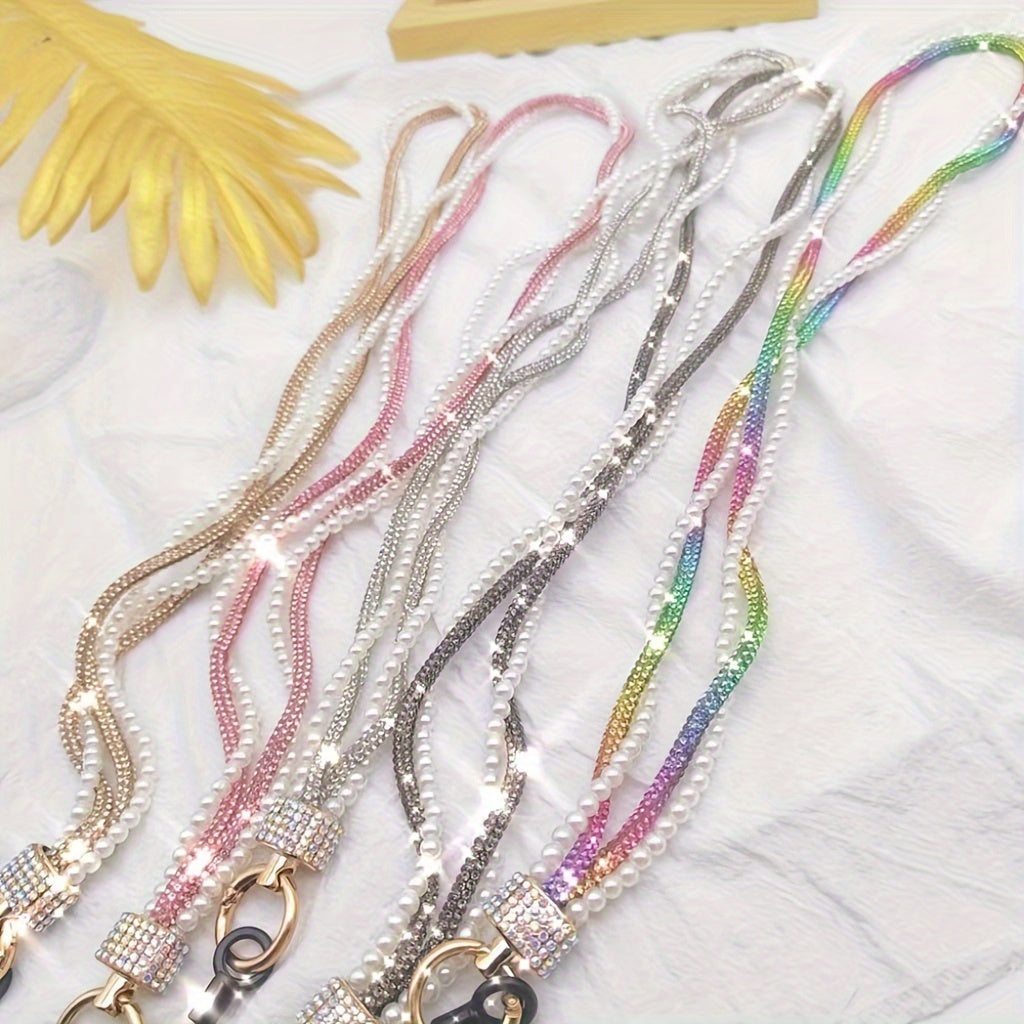 Pearl Rhinestone Long Lanyard PVC Phone Key Holder with Universal Attachment