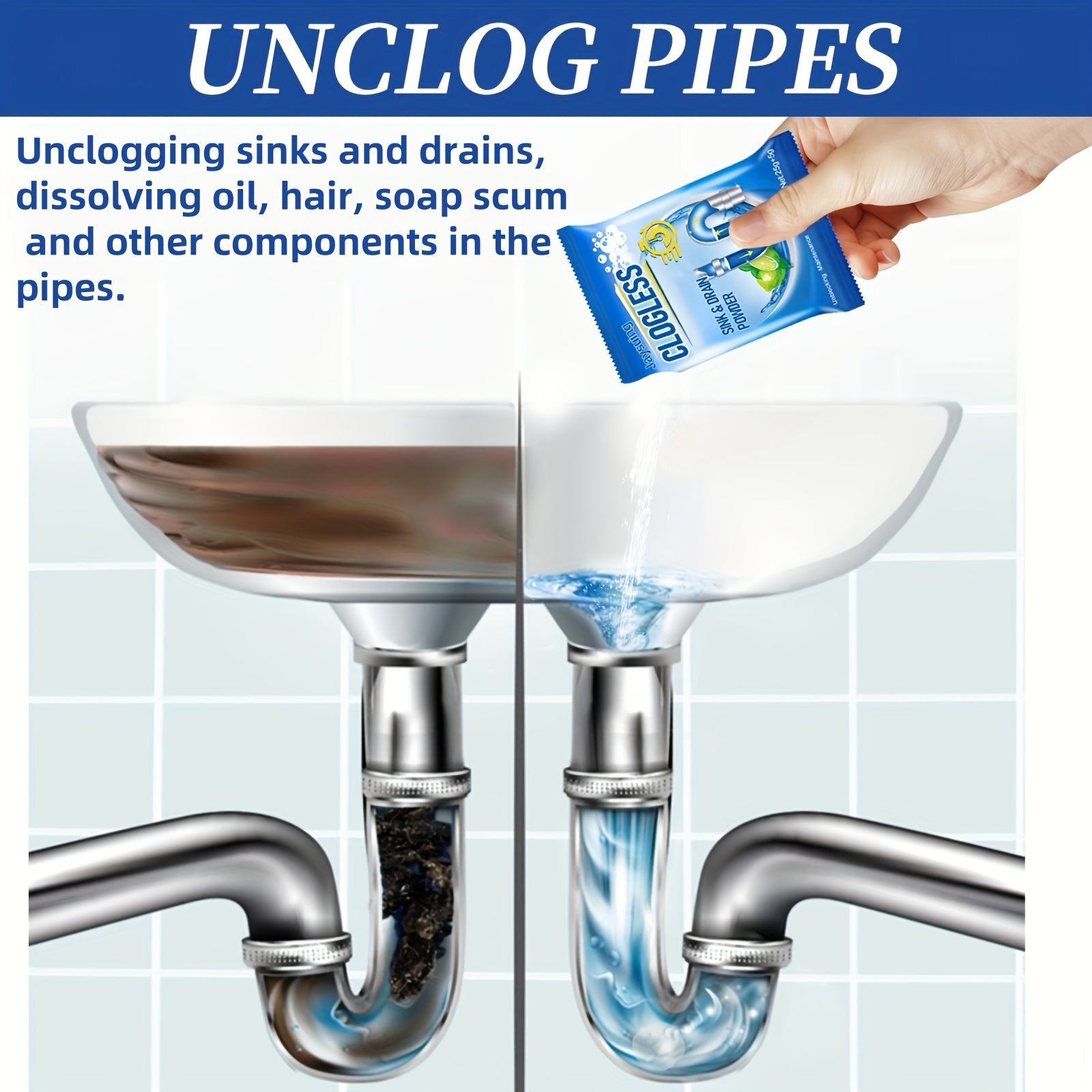Drain Unclogging Powder for Toilets and Pipes, Fast-Acting, Bathroom and Kitchen Use